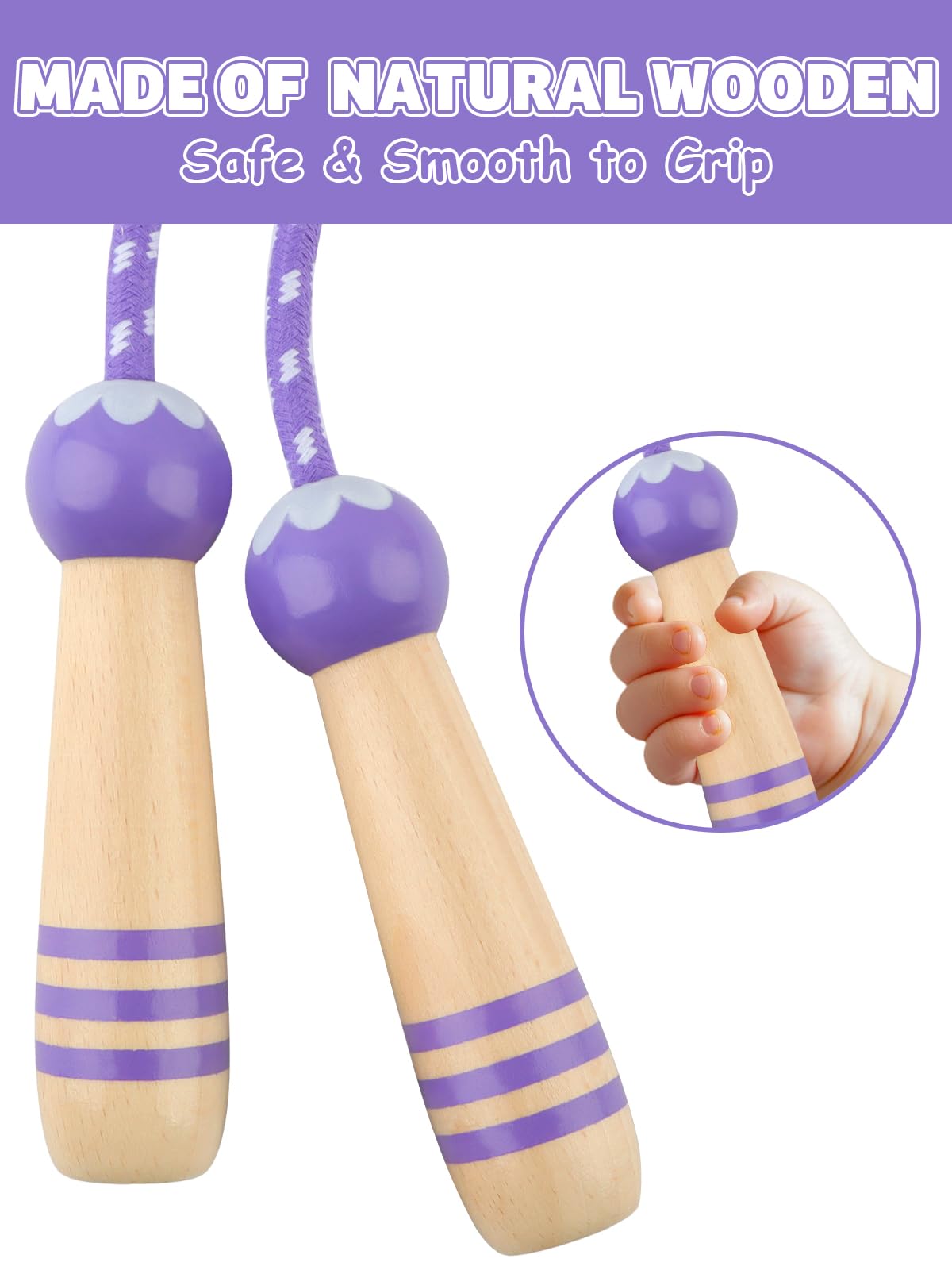 Lorvain Jump Rope Kids, 8.5FT Adjustable Cotton Skipping Rope with Wooden Handle for Girls and Boys Fitness Workout Exercise Outdoor Activity Children Students, Purple Jump Rope