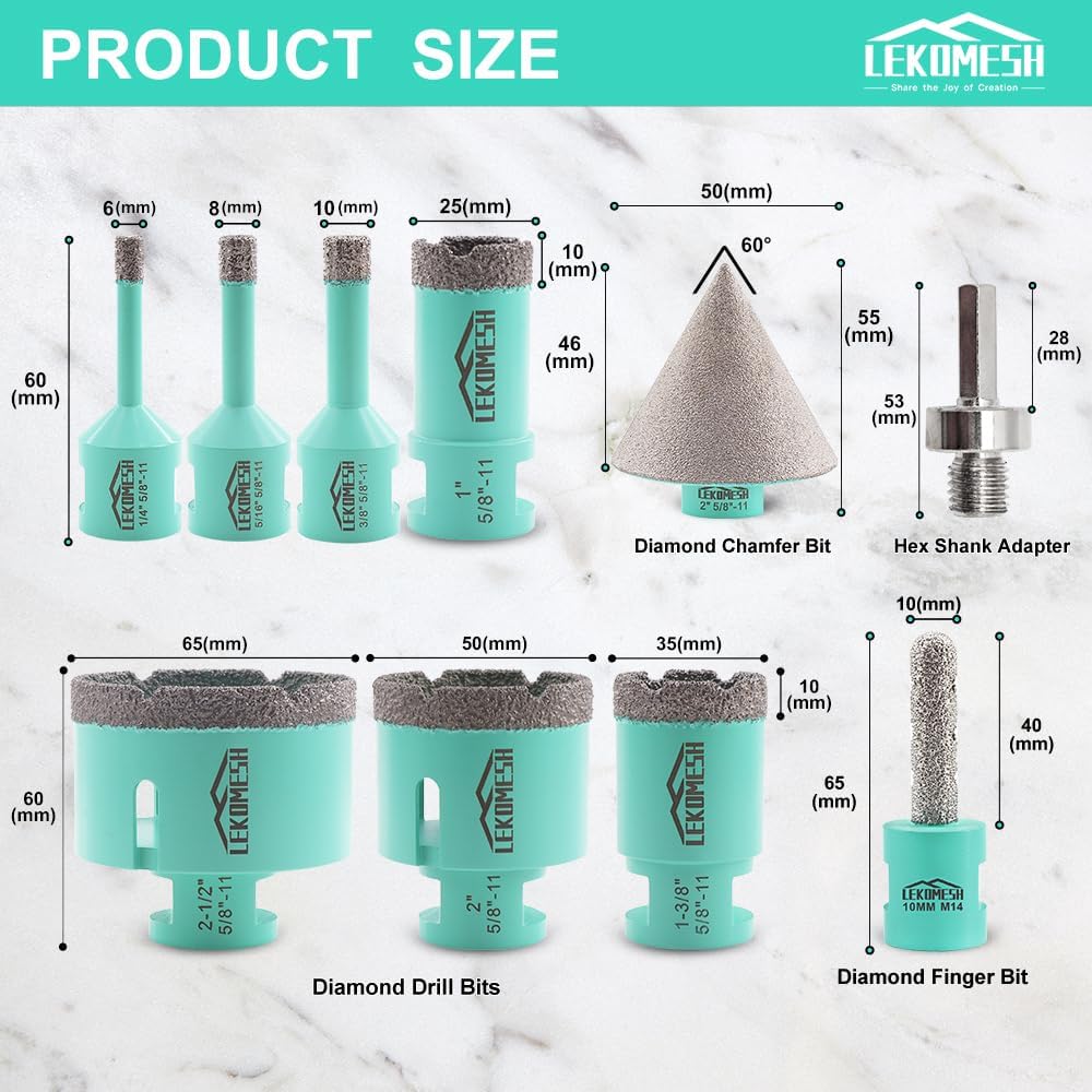 Diamond Hole Saw Kit - 10PCS Tile Core Drill Bits Set for Porcelain Ceramic Granite Marble, Includes 6-65mm Bits, Finger Bit, Chamfer Bit & Adapter, 5/8"-11 Thread