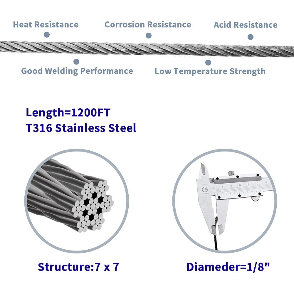 1200FT 1/8" T316 Stainless Steel Cable, 1/8 Inch Wire Rope Aircraft Cable for Deck Cable Railing Kit, 7 x 7 Strands Construction, DIY Balustrades, Come with a Cutter
