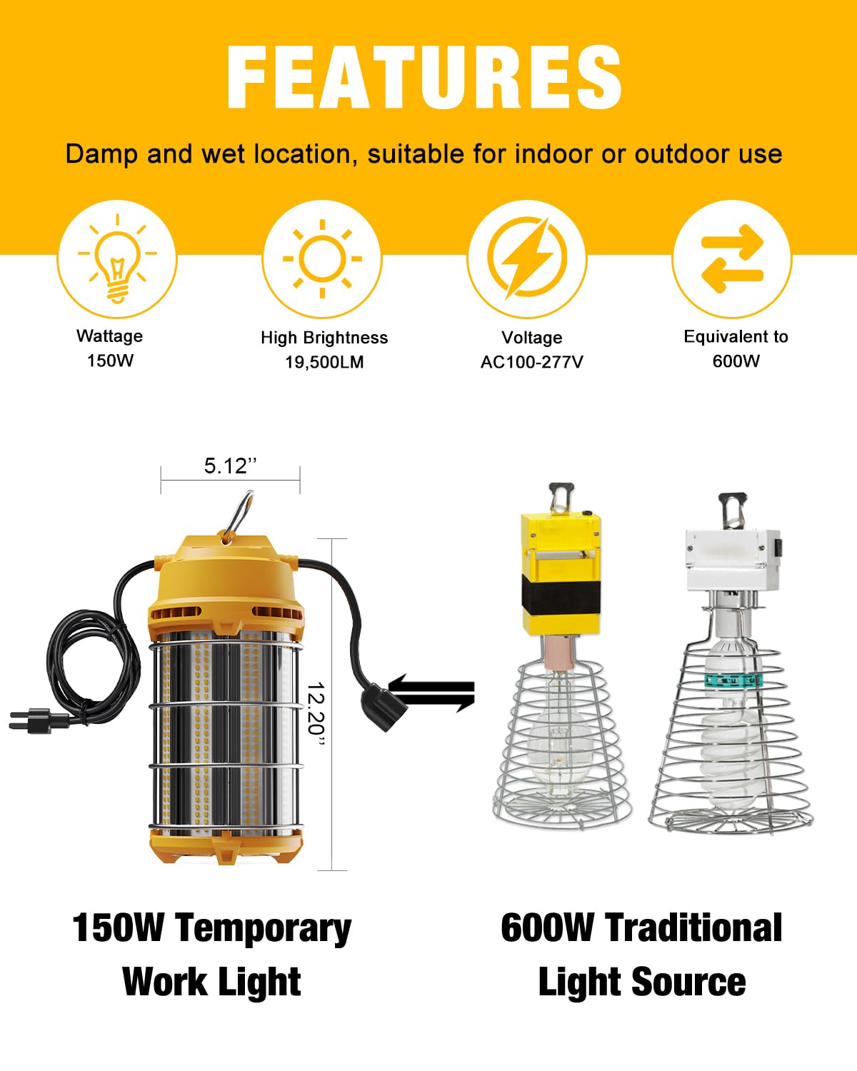 JC-LGL LED Temporary Work Light 150W 5000K 19,500lm Outdoor Construction Lights Job Site Lighting 10ft Cord Dust Waterproof Hanging Lighting