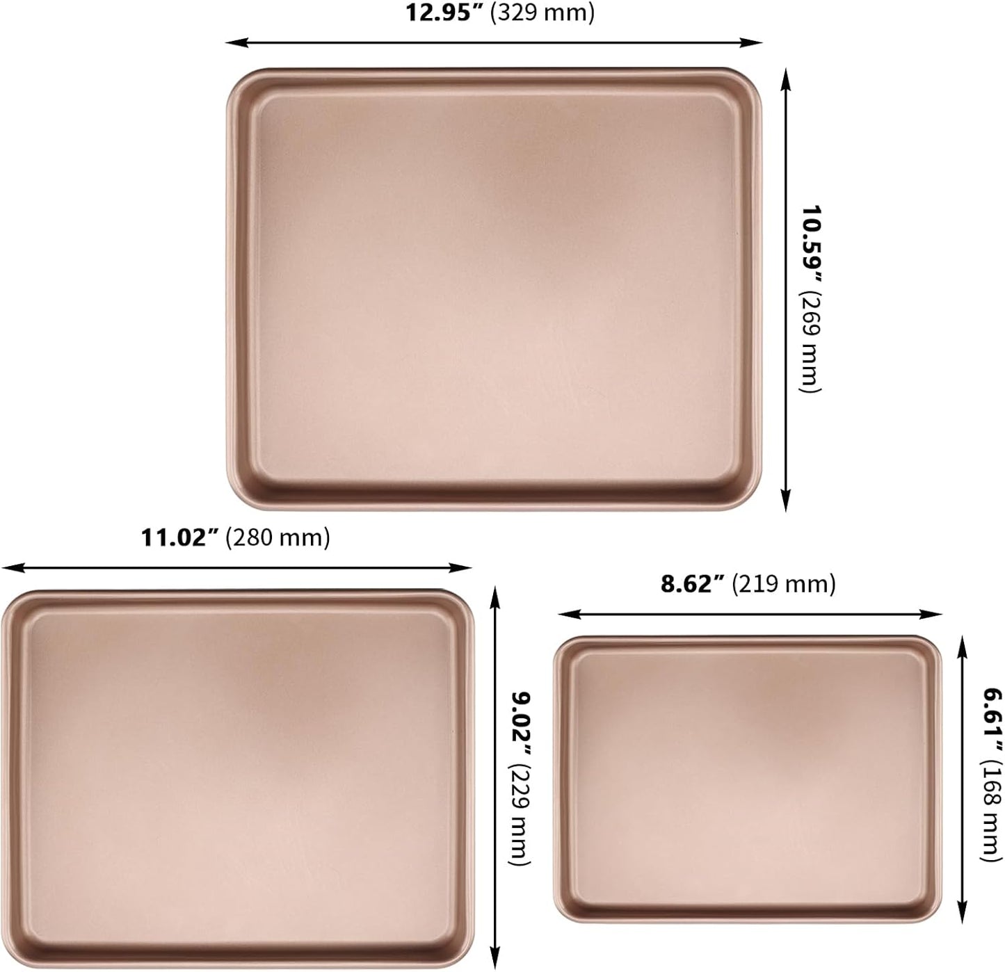 ZOENHOU Nonstick Baking Sheet Pan Set - 3 Sizes (9, 11, 13 Inch) | Ideal for Cookies, Cakes & Bread - Rose Gold