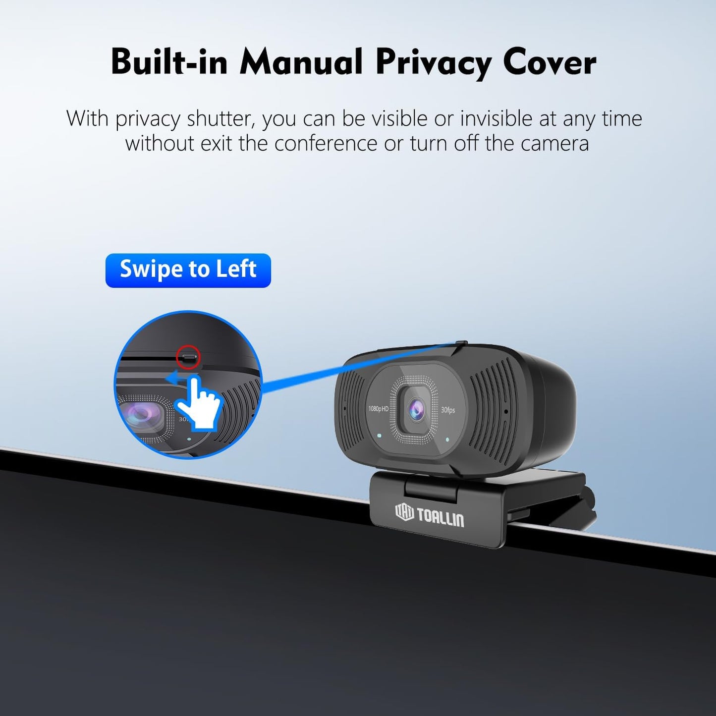 TOALLIN 1080P 90 Full HD Webcam with Dual Microphones, Computer Web Camera, Wide Angle View Without Distortion, USB