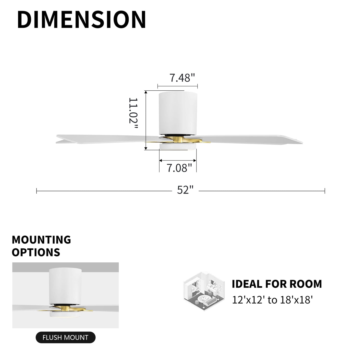 WINGBO 52" DC Flush Mount Ceiling Fan with Lights, 5 Plywood Blades, 6-Speed Reversible DC Motor, 3CCT, Low Profile Hugger Ceiling Fan for Living Room Bedroom Kitchen, White and Brass
