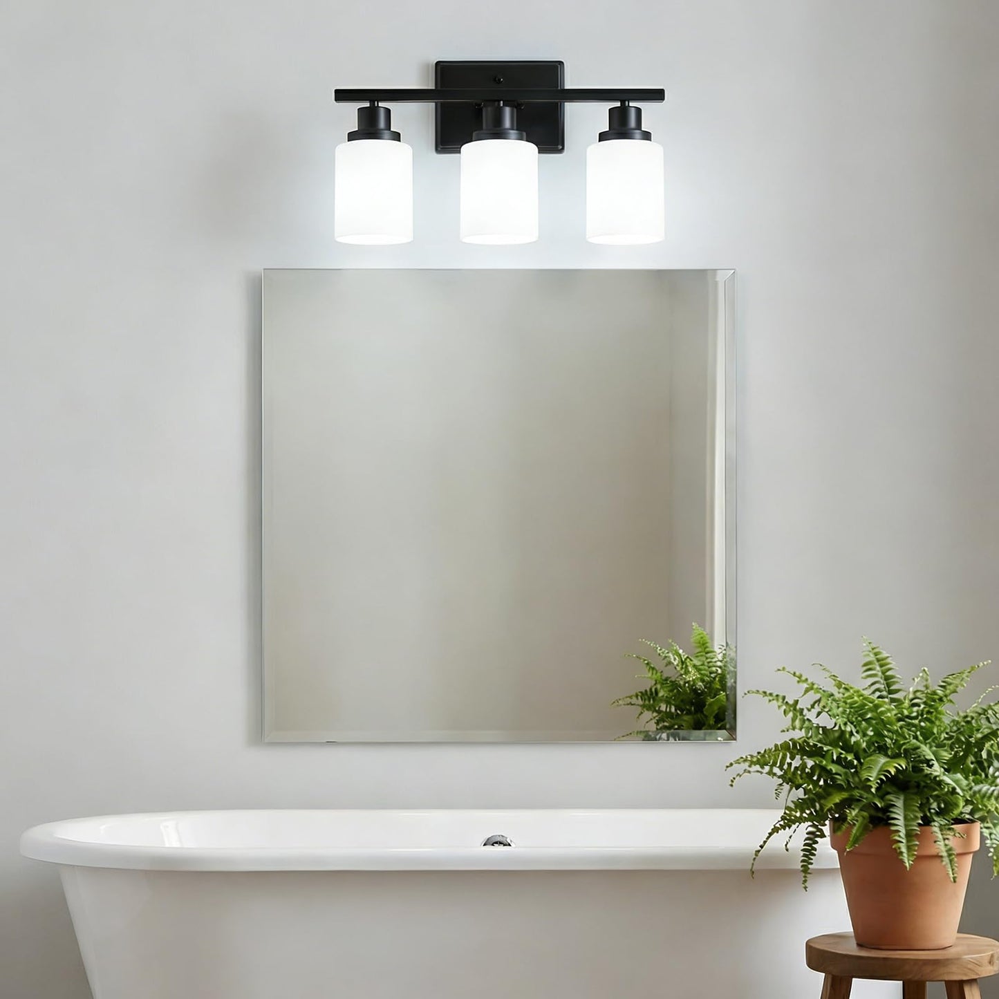 Ascher Bathroom Light Fixtures, 3-Light Vanity Light Over Mirror, Modern Matte Black Wall Sconces with Milky White Shades, Wall Lamp for Kitchen Hallway Cabinet Porch E26 Base