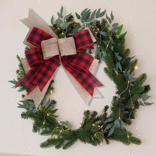 CREATCABIN Christmas Plaid Bow - 9.8 x 8.5 Inch Burlap Ornament for Wreaths, Garlands & Holiday Decor