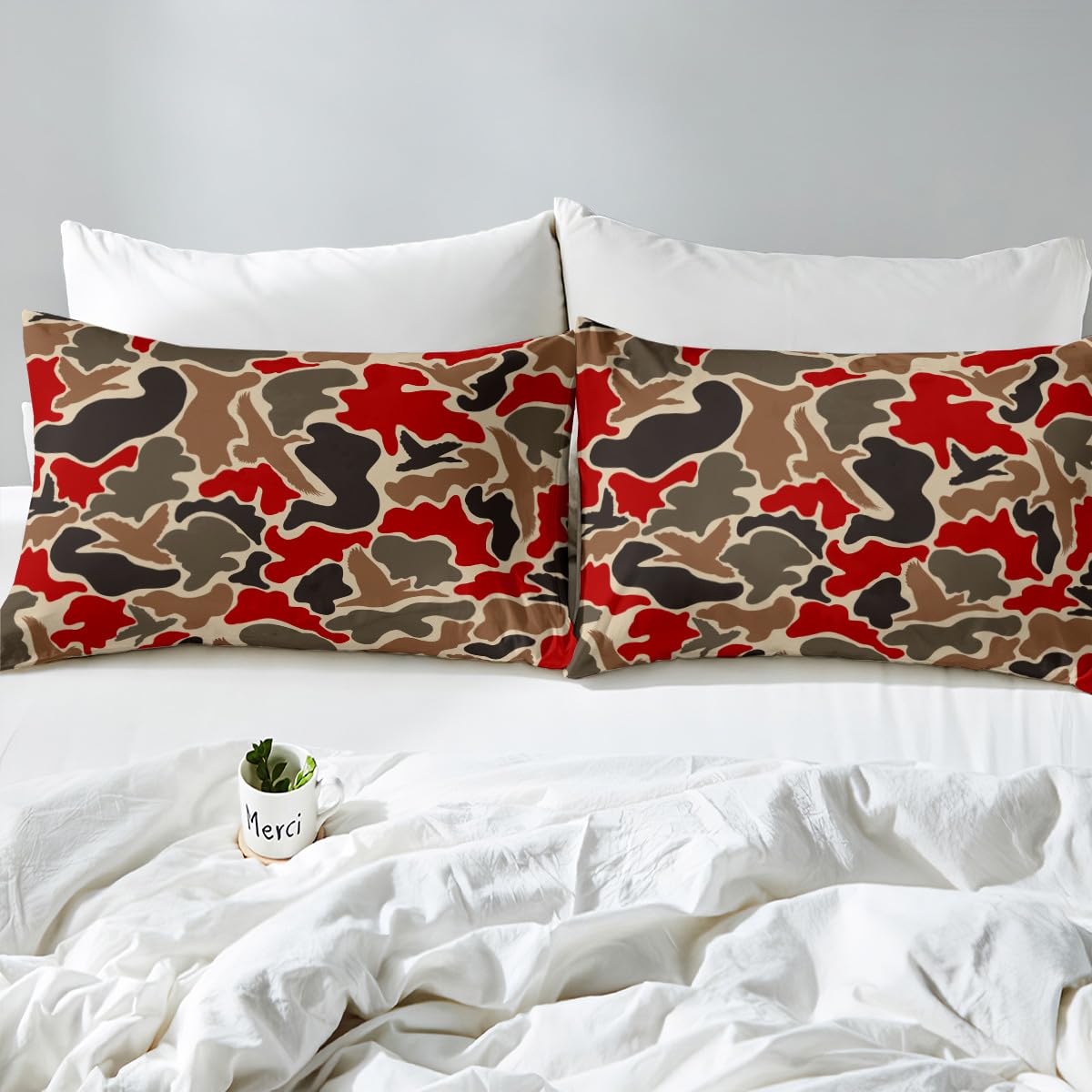 Feelyou Duck Hunter Red Camouflage Hunting Bedding Set King Kids Black Brown Comforter Cover Set for Boys Camo Army Duvet Cover Breathable Wild Bedspread Cover Room Decor Quilt Cover,No Comforter