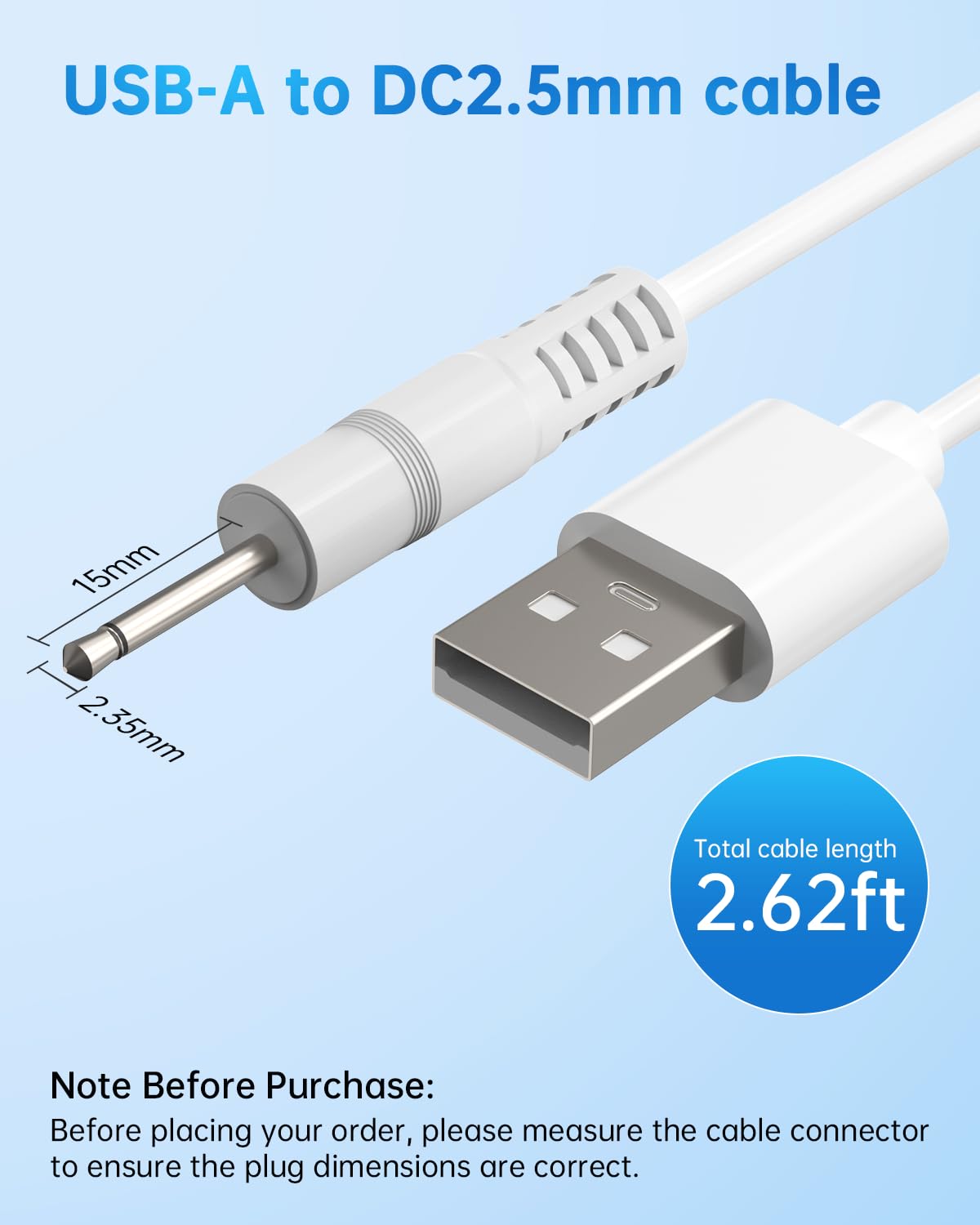 2 Pack 2.62FT 2.5mm,5V/1A littlelucky Charger Replacement DC Charging Cable USB to DC Fast Charger Cord Adapter Rose