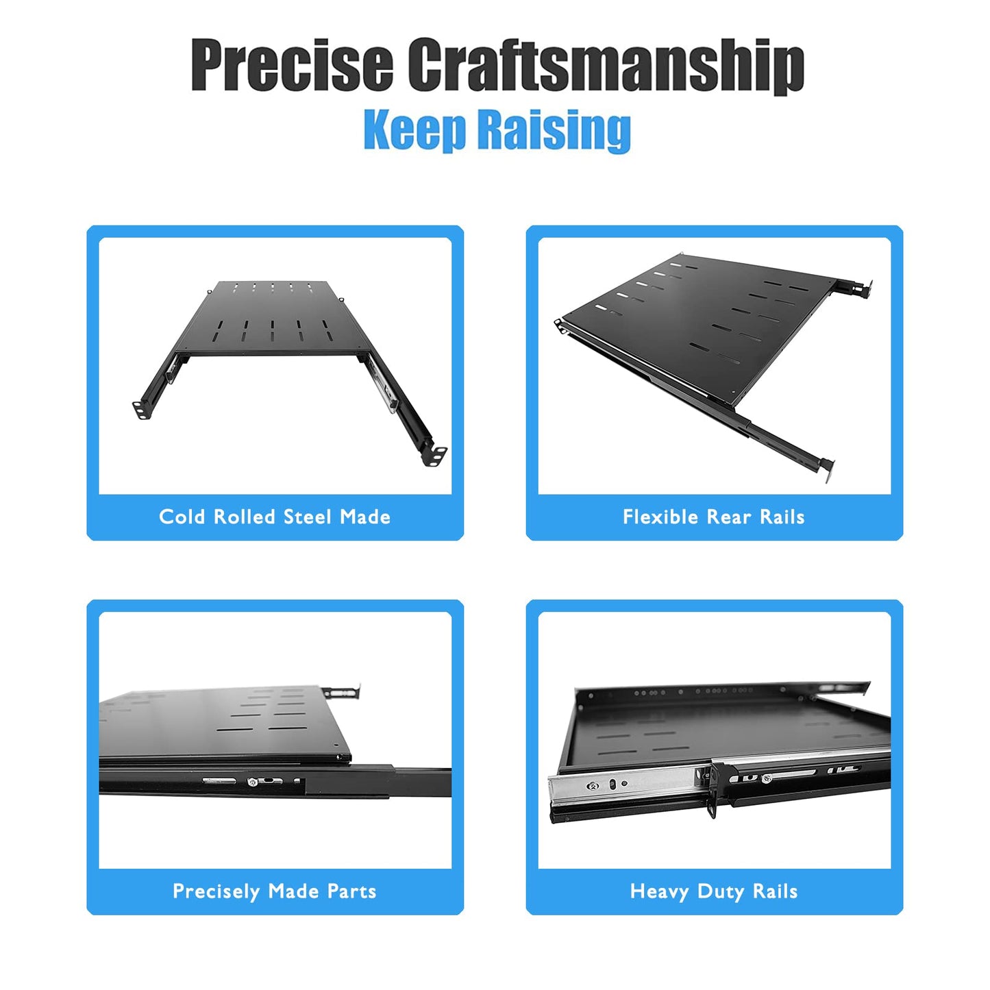 RAISING ELECTRONICS Sliding Fixed Rack Server Shelf 1U 19inch 4 Post Rack Mount-Adjustable 24inch-32inch