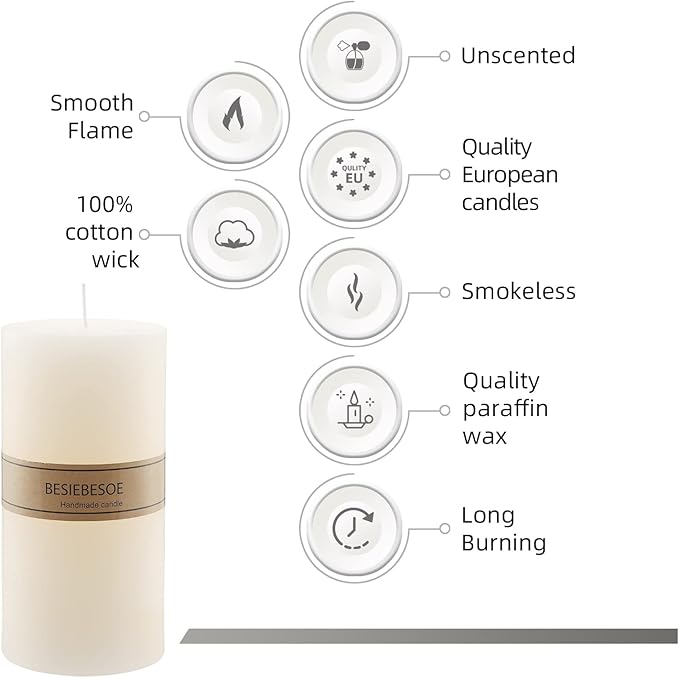 3×6 Ivory Pillar Candles Set of 6 Unscented Handpoured Weddings, Home Decoration, Restaurants, Spa, Church Smokeless Cotton Wick - Ivory 300Hour