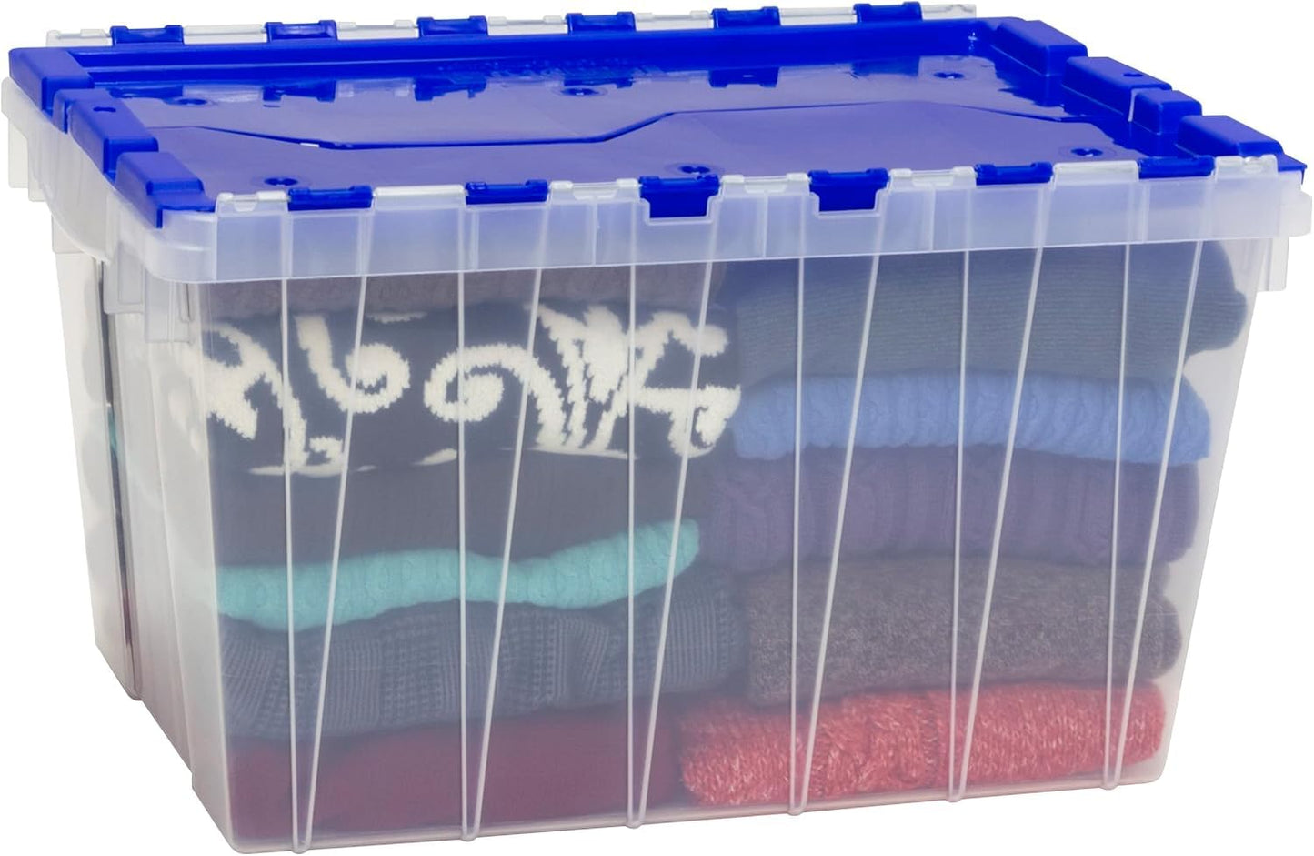Akro-Mils KeepBox 12 Gallon Storage Container, Nesting and Stackable Plastic Storage Box with Lid Attached, Clear Tote for Garages, Closets, Moving, 21-1/2" x 15" x 12-1/2", Clear/Blue, Pallet of 48