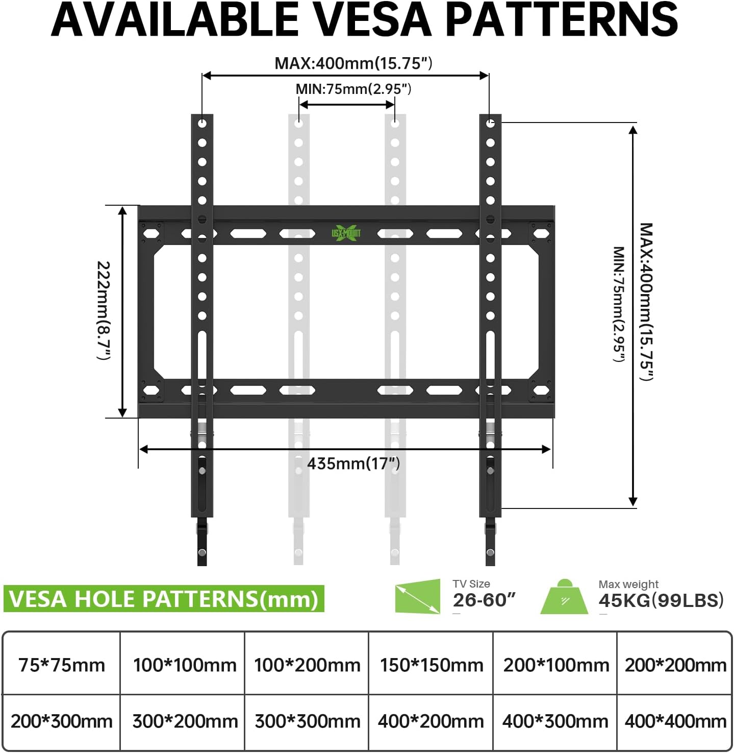 USX MOUNT 26-55 Inch 400x400mm 99lbs,and Fixed TV Wall Mount with Low Profile for Most LED, LCD and Flat Screen TVs, TV