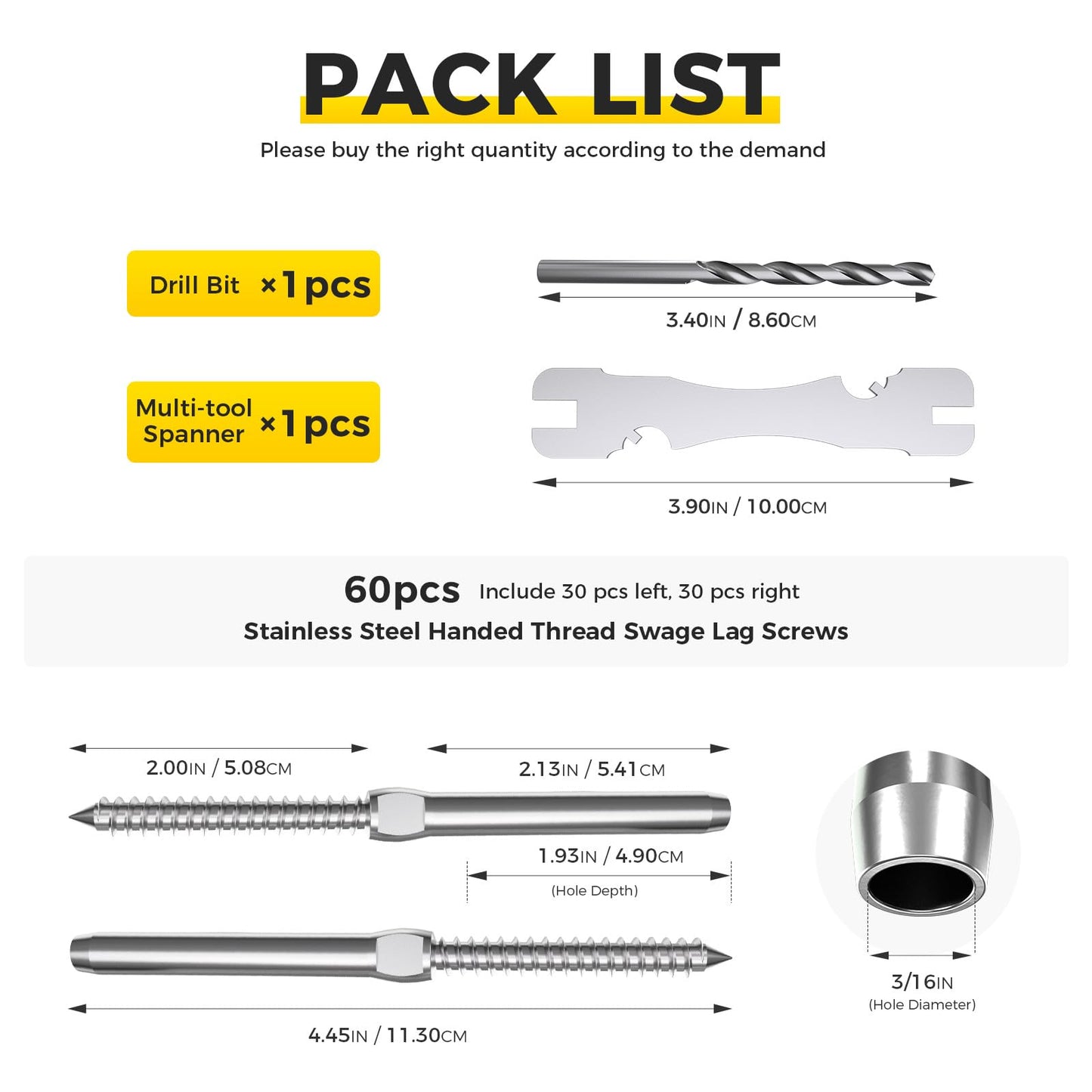 WAYSKA 60 Pack T316 Marine Grade Stainless Steel Cable Railing Hardware kit, 3/16" Right & Left Handed Thread Swage Lag Screws for Wood Post, DIY Deck Cable Railing System, Wrench Included(30 Pairs)