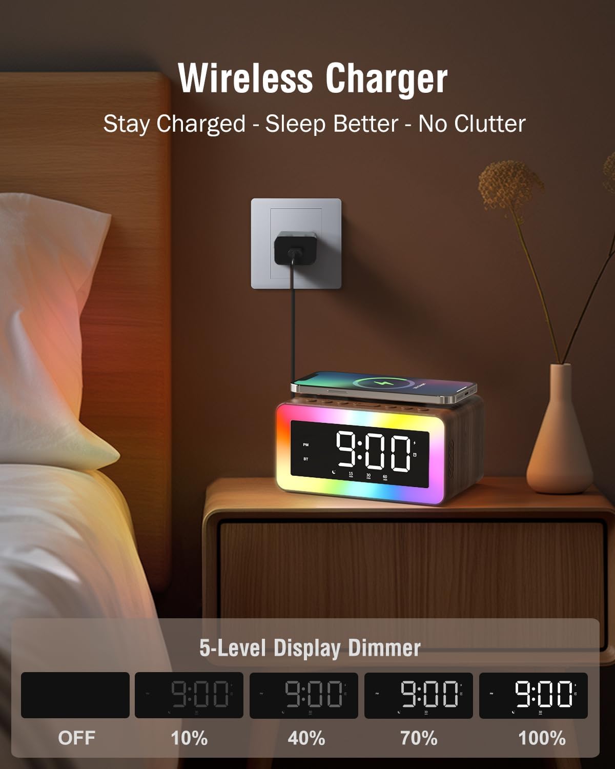 Alarm Clock with Wireless Charging, Bluetooth Speaker, White/Brown Noise Sound Machine Night Light, Wooden Digital