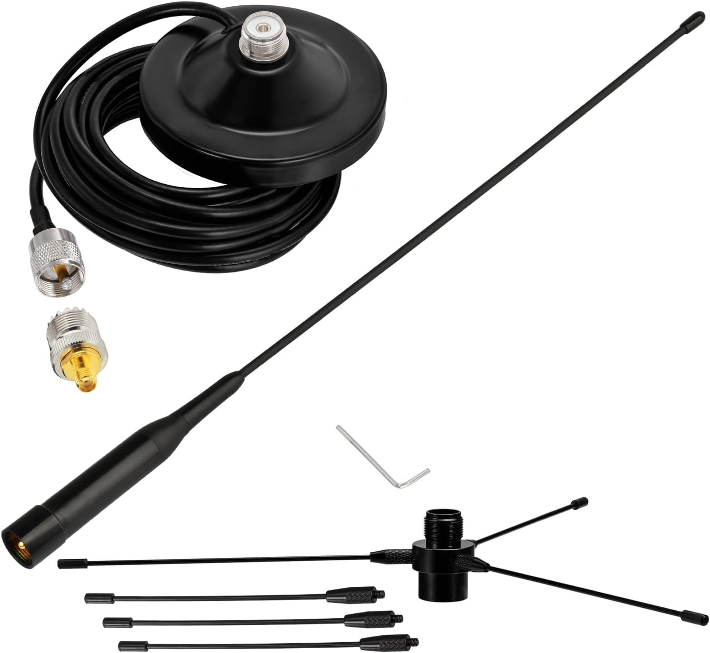 BINGFU 136-174MHz 400-470MHz PL259 Vehicle Mobile Ham Radio Antenna with Ground Planes Dual Band VHF UHF Magnetic Base