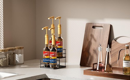kimilus 4 Bottle Capacity Coffee Syrup Organizer 2 Tier Coffee Syrup Stand Shelf for Coffee Bar Kitchen Small Wine Rack for Bar Family Storage for Syrup Wine Dressing