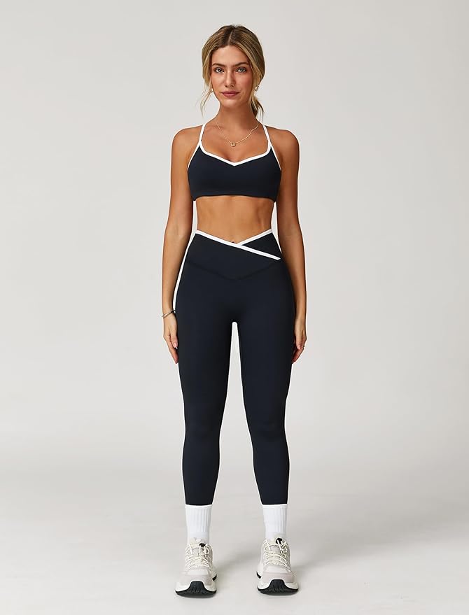 ABOCIW Workout Sets for Women 2 Piece Color Block Strappy Sports Bra High Waist Leggings Gym Yoga Pilates Outfits