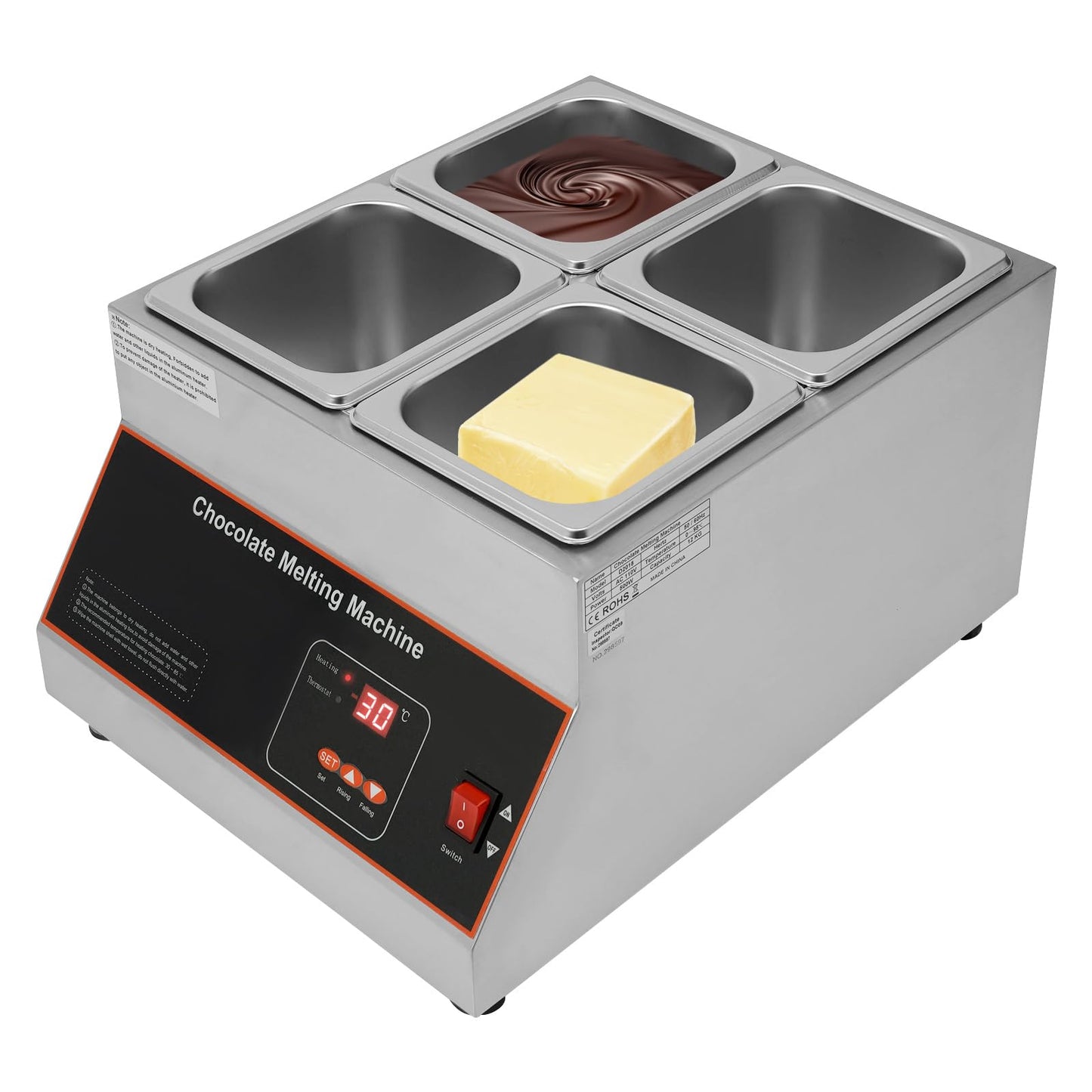 Electric Chocolate Melter 26.46 LB Capacity, Stainless Steel Chocolate Melting Machine with Digital Temperature Control, Commercial Chocolate Warmer for Bakery Catering (4 Pots)