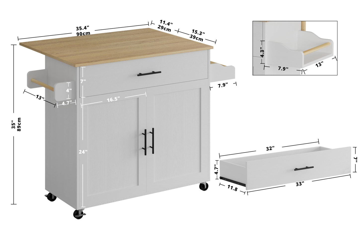 IRONCK Rolling Kitchen Island Table on Wheels with Drop Leaf, Storage Cabinet, Drawer, Spice/Towel Rack, Kitchen Cart, 47.25" Wide White