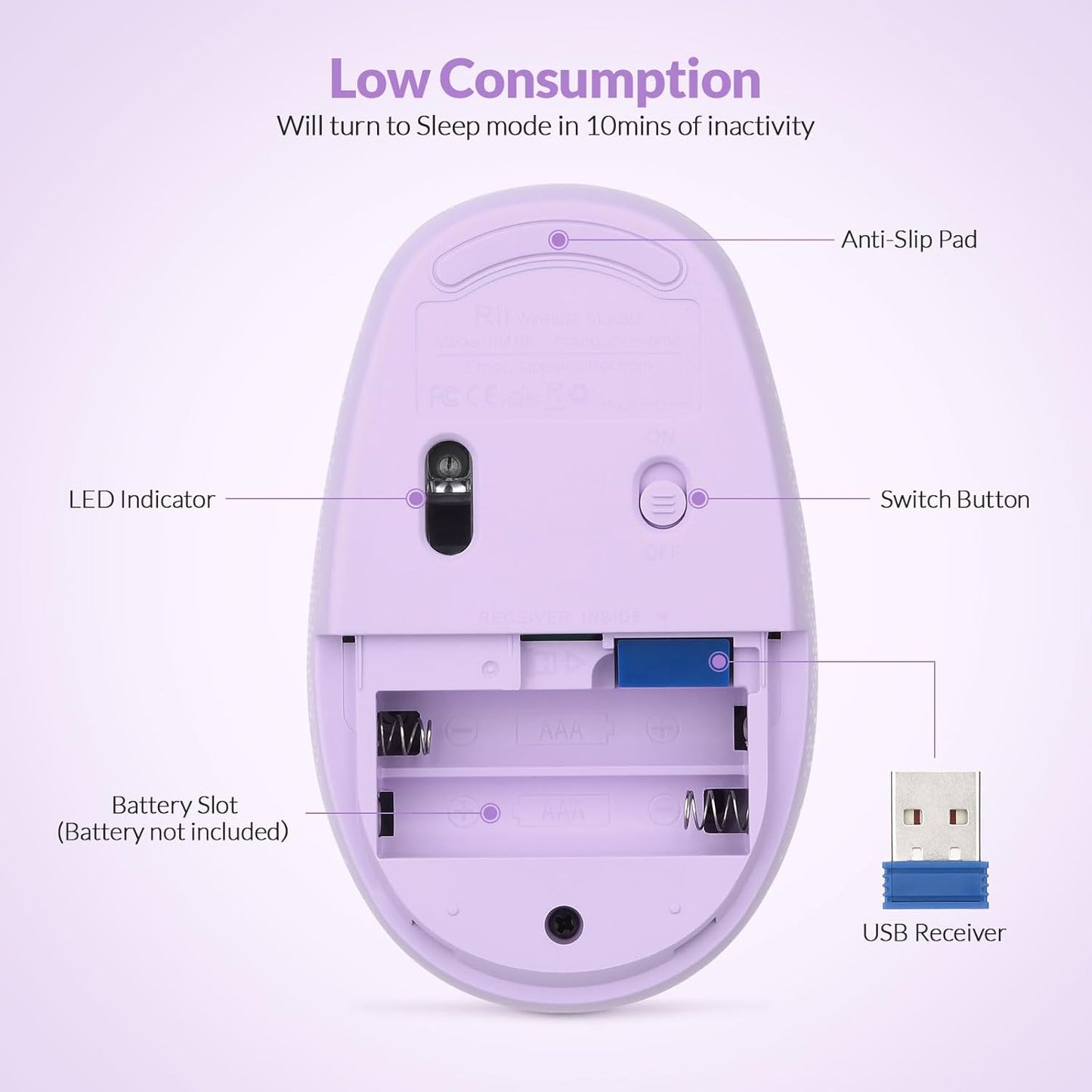 Rii RM700 2.4G Wireless Mouse Silent Mouse with USB Nano Receiver for Laptop,PC,Mac,Chromebook,Windows (Purple)