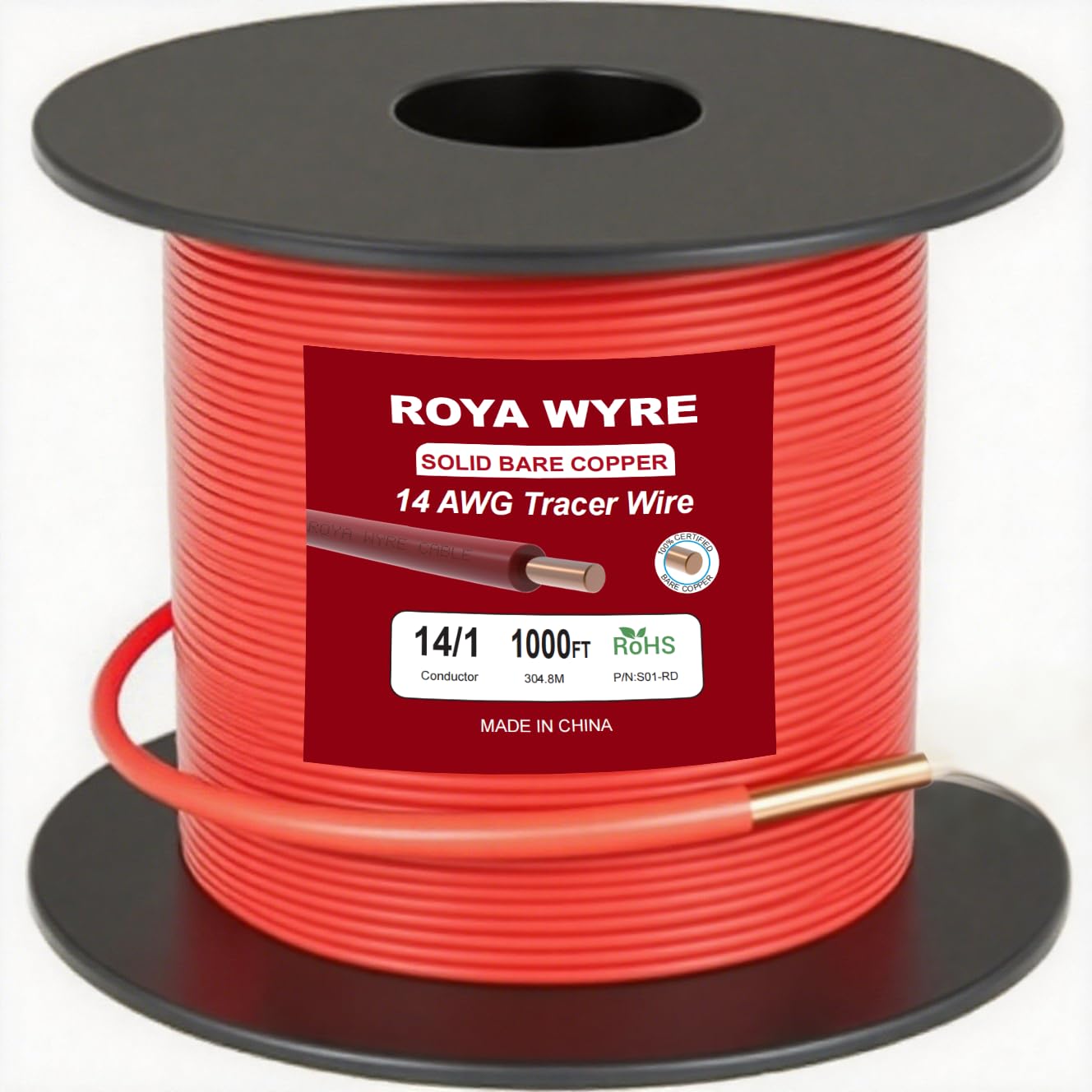 ROYA WYRE 14 AWG 100% Solid Copper Tracer Wire 1000ft, Red - Direct Burial Underground Locating Cable (30/600V) for Electrical Conduit, Gas & Water Lines