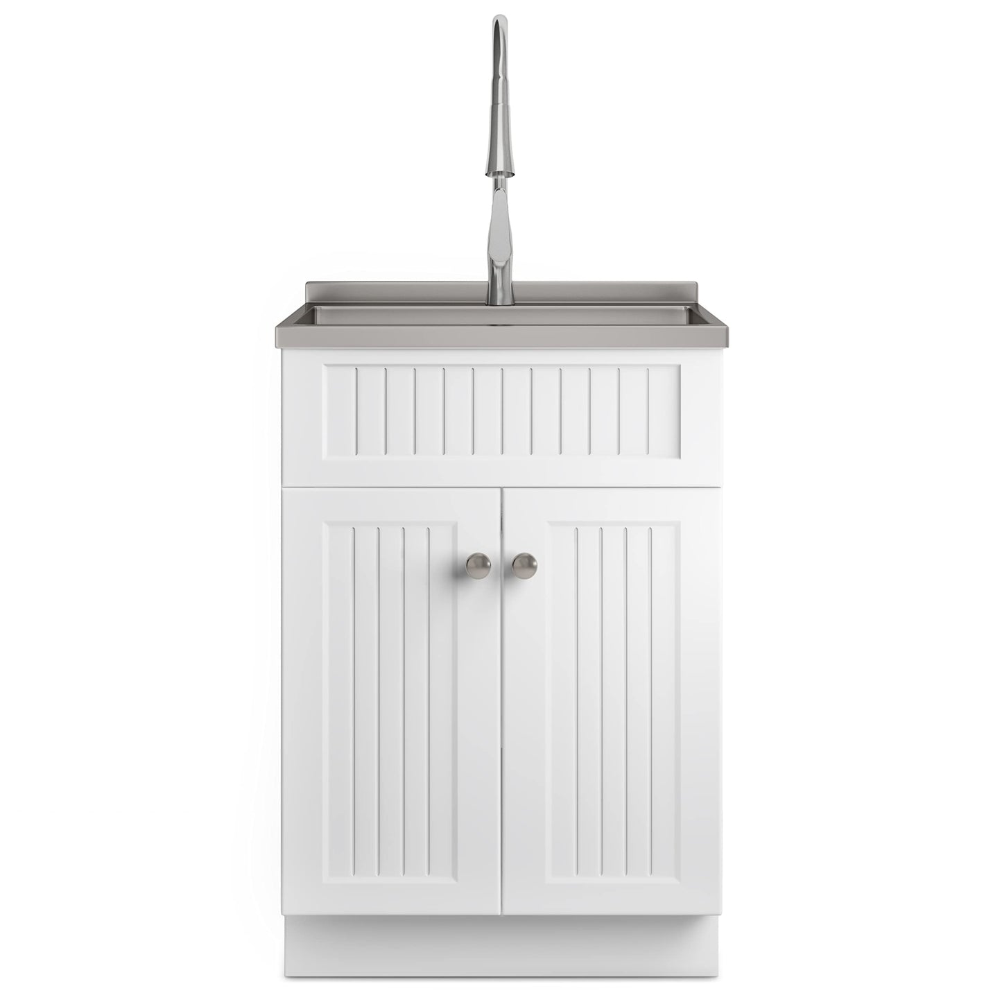 SIMPLIHOME Beckham All-in-One 24 inch Wide Utility Sink and Laundry Cabinet in Pure White Finish, Transitional Stainless Steel Sink Cabinet for Laundry Rooms with High-Arch Brushed Nickel Faucet