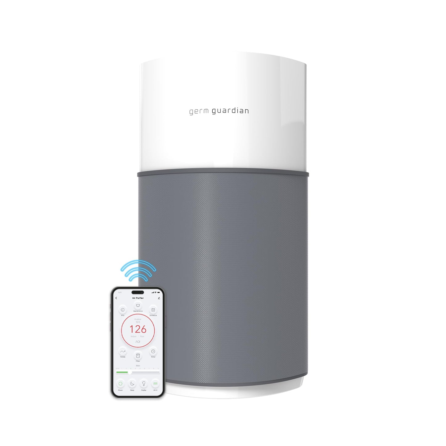 GermGuardian AirSafe+ XL Smart Air Purifier for Bedroom and Home - WiFi and App Enabled - 360-Degree True HEPA Filter - Filters Pet Dander, Dust, Smoke - Air Quality Monitor - AP3250 - Gray & White