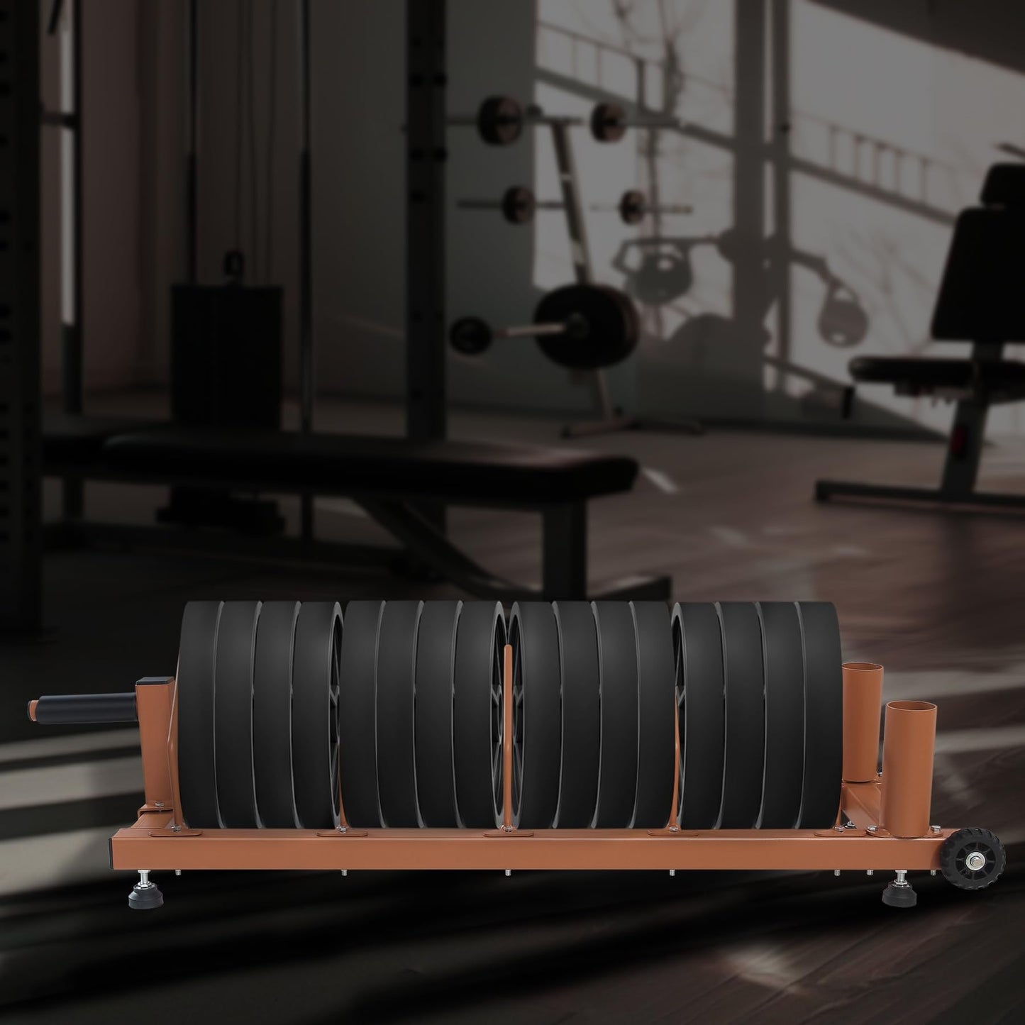 Olympic Barbell Plate Organizer with Steel Frame for home or gym,Horizontal Plate with Handle and Wheels, 300LBS Capacity, Brown