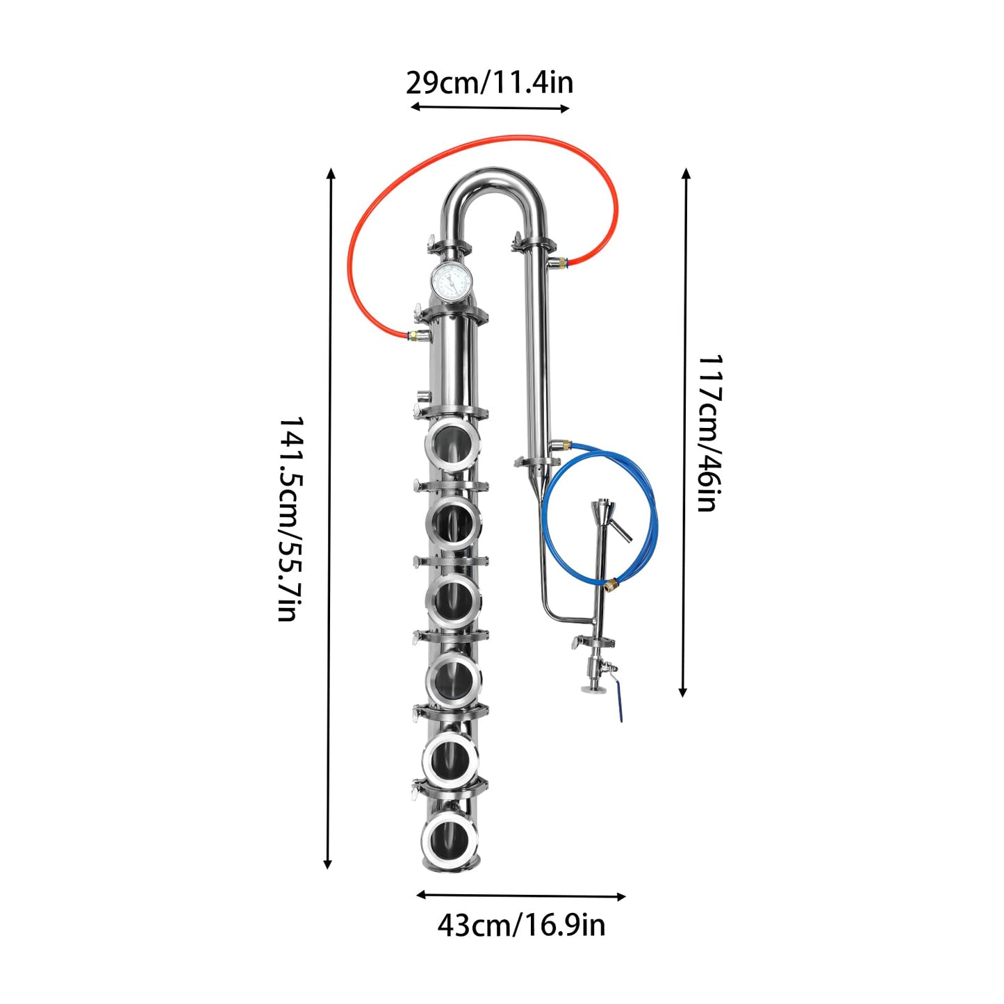 4" Reflux Still Column, 6 Layers Stainless Steel Distillation Column, with U-Shaped Elbow, Condenser and Spout, 0-220℉ Columns, Reflux Distillation Kit for Home Brewing Whiskey