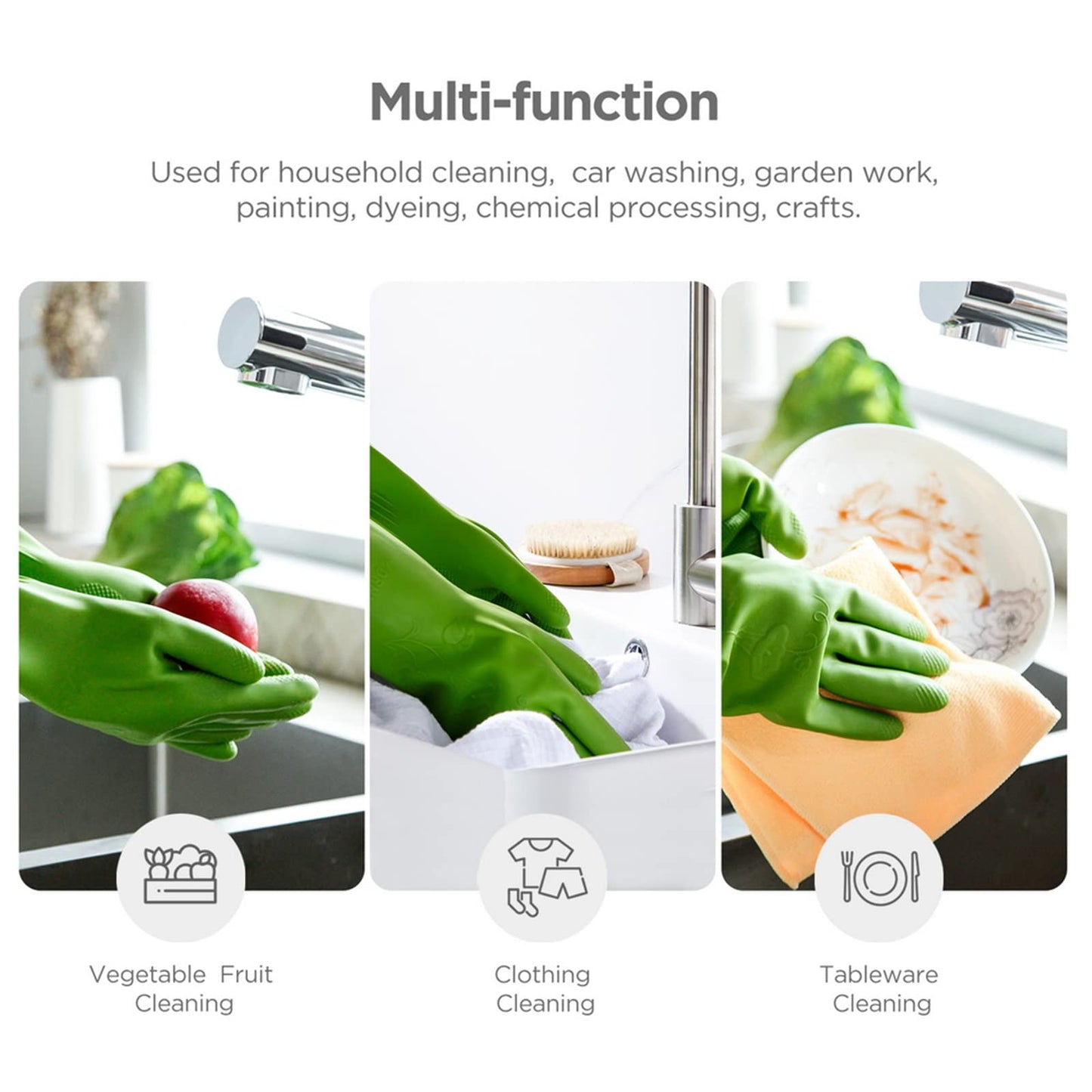 IUCGE Rubber dishwashing gloves 3 Pairs for kitchen,Cleaning washing dish gloves long for household reuseable durable.(Medium,Green)