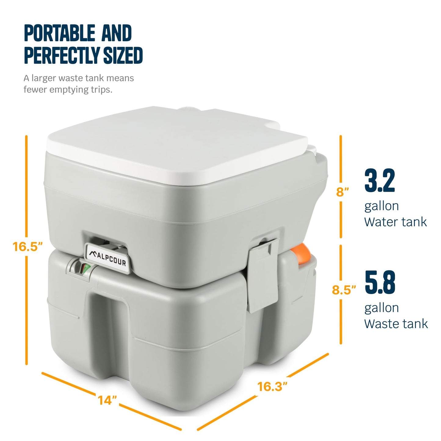 Alpcour Portable Toilet – Compact Indoor & Outdoor Commode w/Travel Bag for Camping, RV, Boat – Piston Pump Flush, 6 Gallon Waste Tank, Built-In Pour Spout & Washing Sprayer for Easy Cleaning