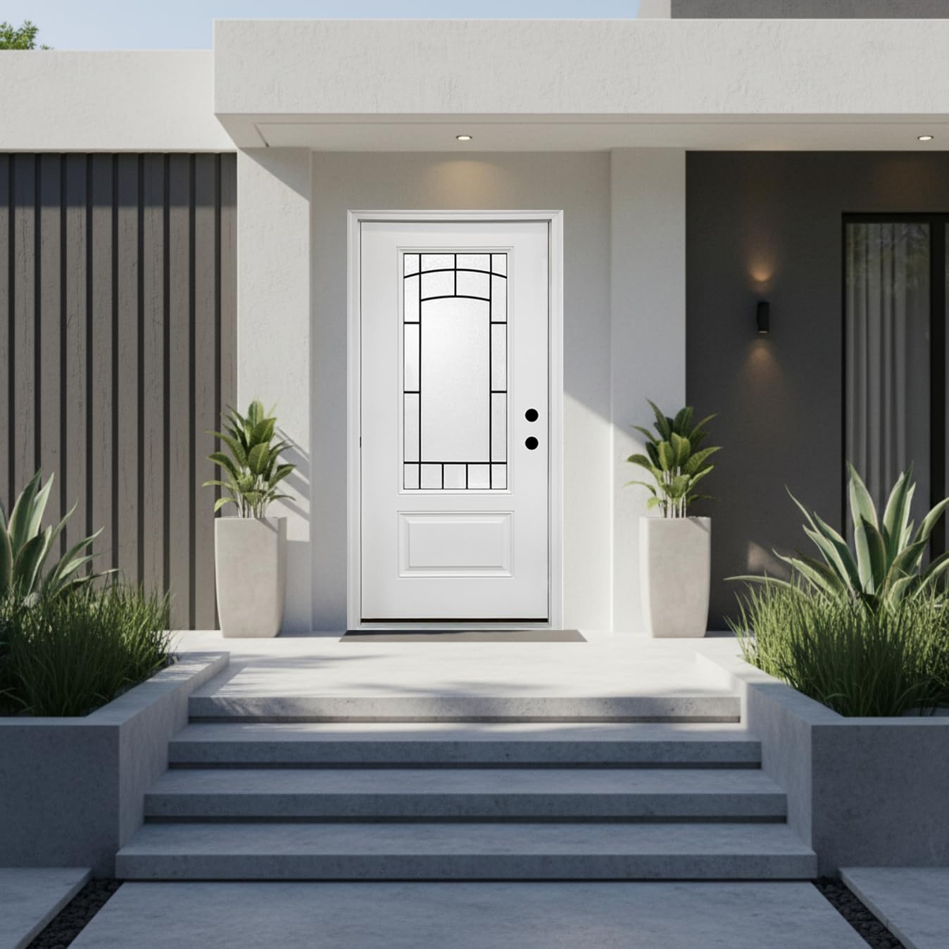 36‘’ x 80‘’ White Fiberglass Entry Door with Frosted Glass, Front Door with White Vinyl Frame and Brickmould, Left Inswing Exterior Door for Residential Entrance
