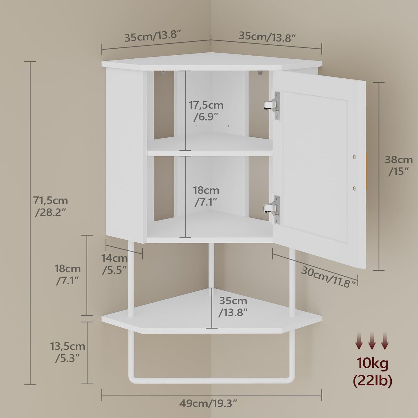 MAHANCRIS Bathroom Wall Cabinet, Corner Wall Mount Medicine Cabinet with Adjustable Shelf & Towel Bar, 3-Tier Over Toilet Storage Cabinets for Bathroom Laundry Room Kitchen, for Small Space, White