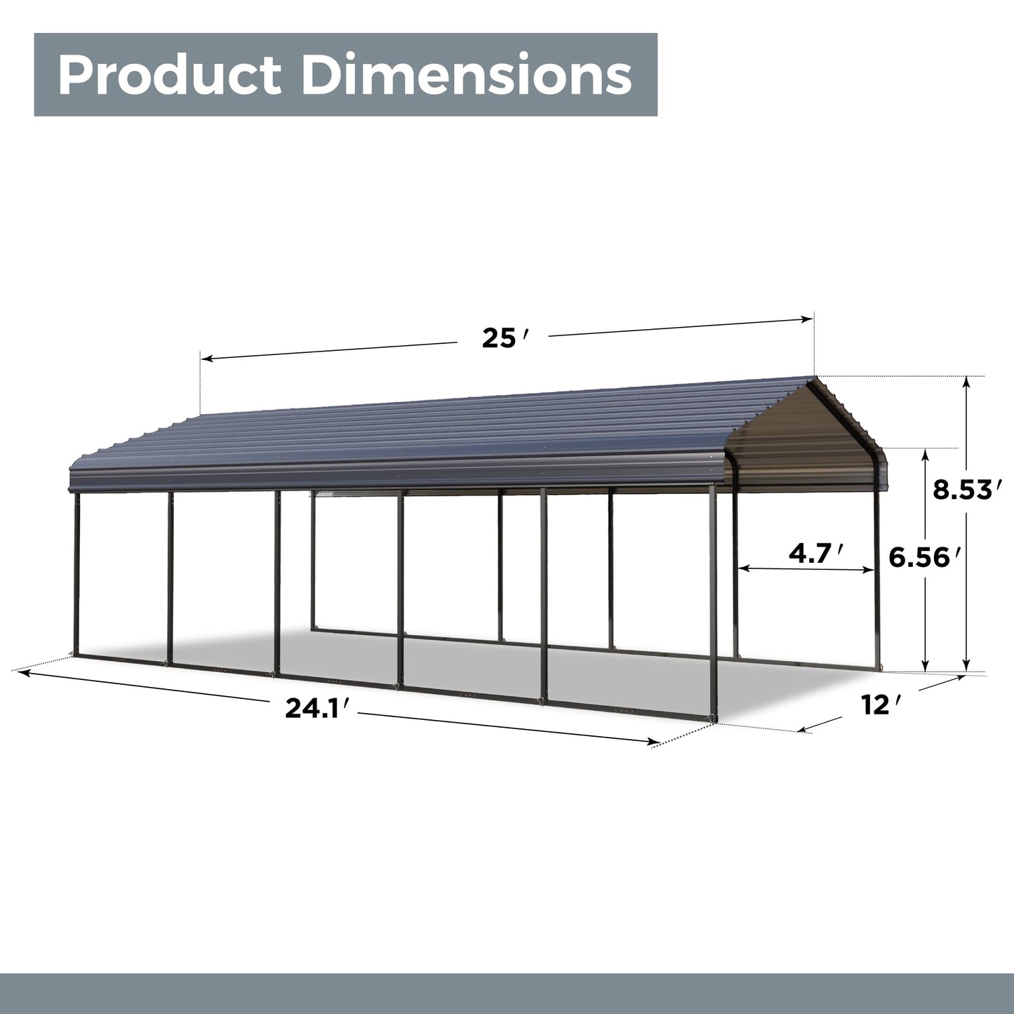 GREEN PARTY 12 x 25 ft Metal Carport Kits with Galvanized Steel Roof, Heavy Duty Metal Carport Canopy, Outdoor Car Tent Metal Garage Shelter for Car, SUV, Truck and Boats, Grey