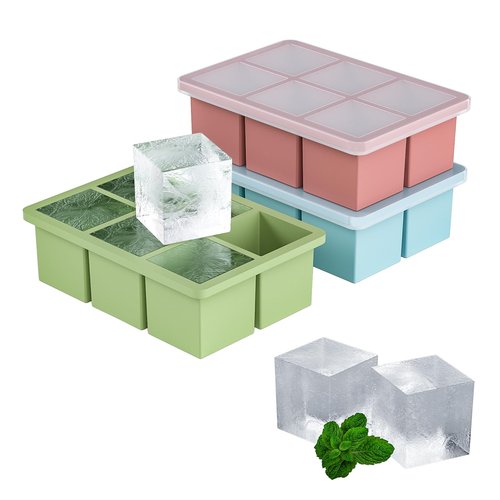 Large Ice Cube Tray for Whiskey 3 Pack, HANCELANT Big Silicone Square Ice Cube Mold with Removable Lid, 2'' Huge Square Ice Cubed Tray for Whisky and Cocktail(Blue+Green+Pink)