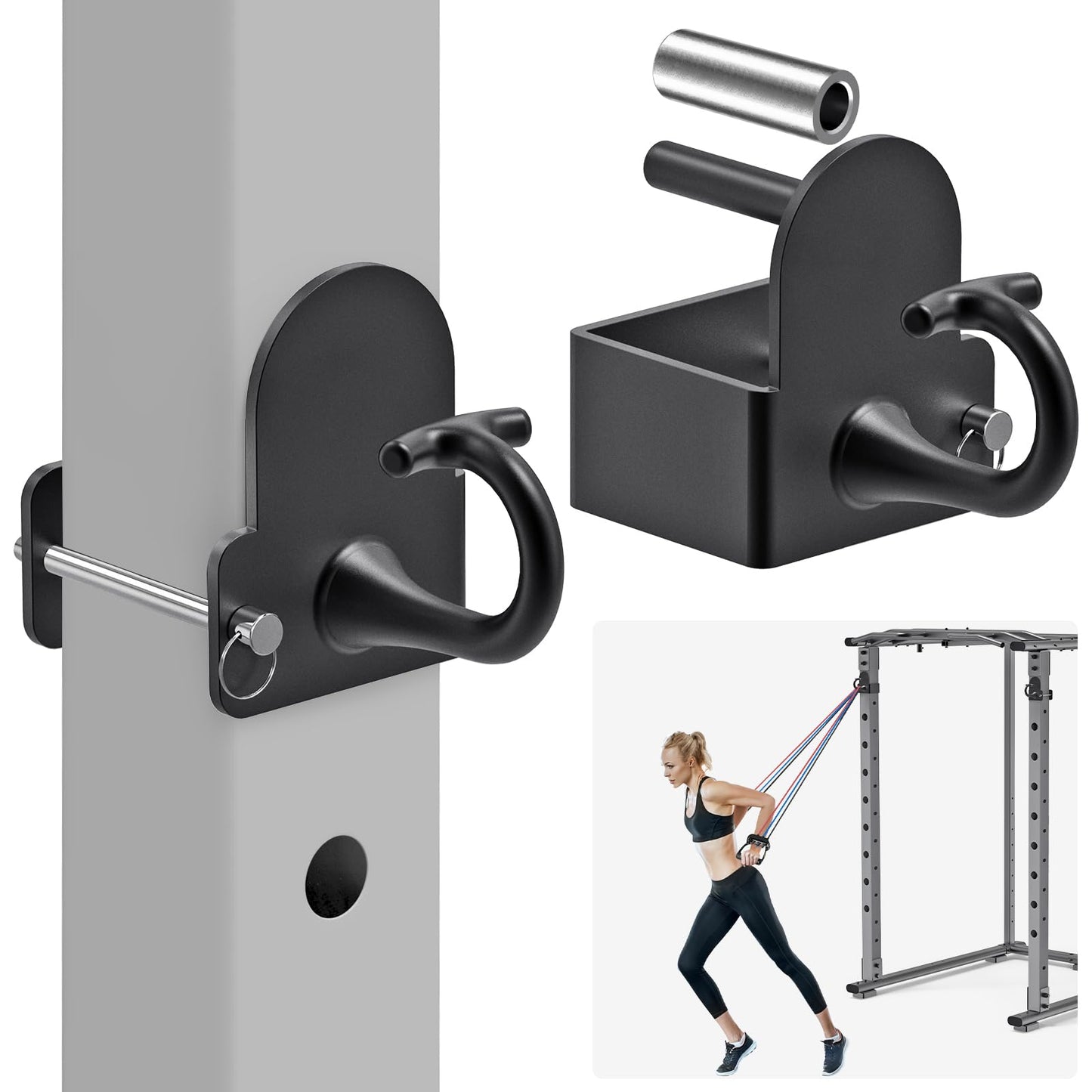 Kipika Anchor for Resistance Bands Fits 3" x 3" Power Rack with 5/8" or 1" Hole - Heavy Duty Steel Hooks with Rubber Pads for Home Gym Workouts, Strength Training,and Physical Therapy Exercise, 2 Pack