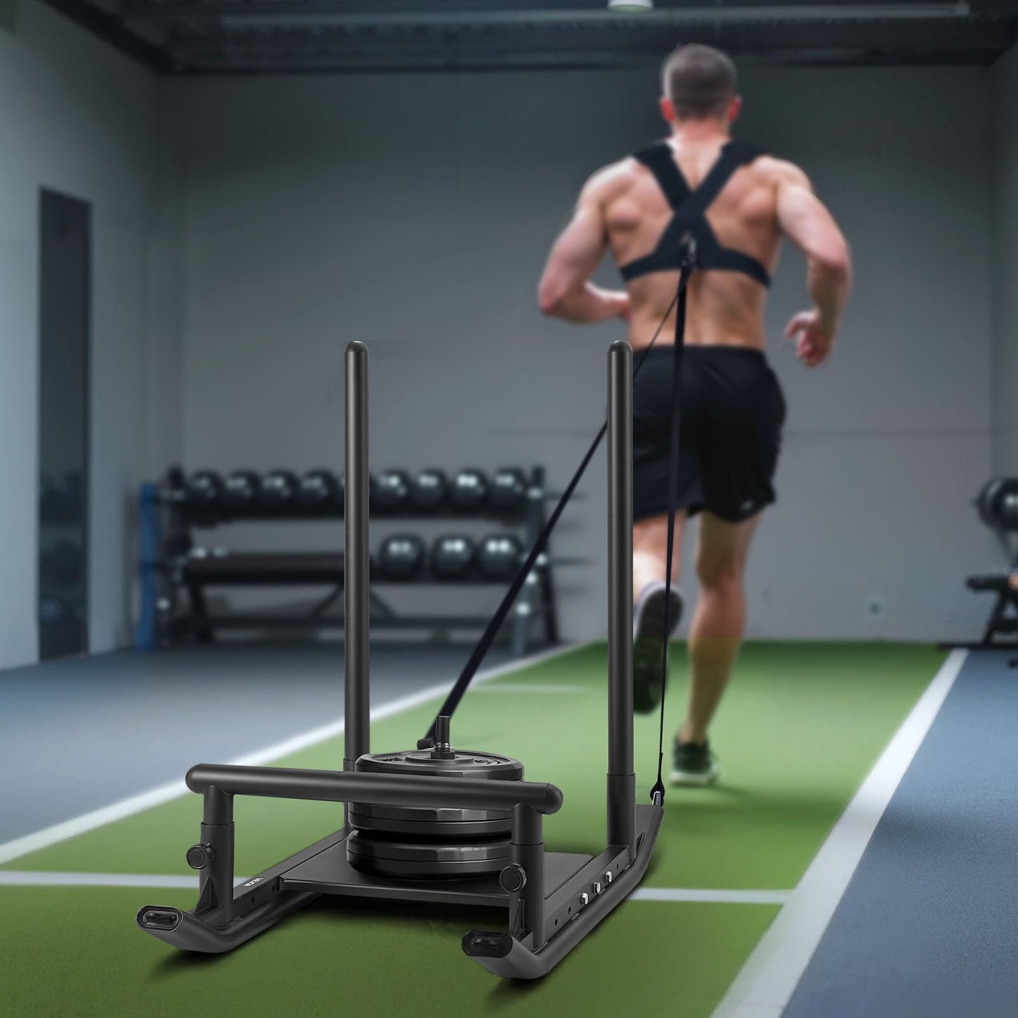 VEVOR Weight Sled, Fitness Strength Training Pull Push Running Sled, Fitness Workout Sled Push Gym Equipment, with Handle, Compatible 1/2 in Weight Plates, Black, Football Sleds and Chutes