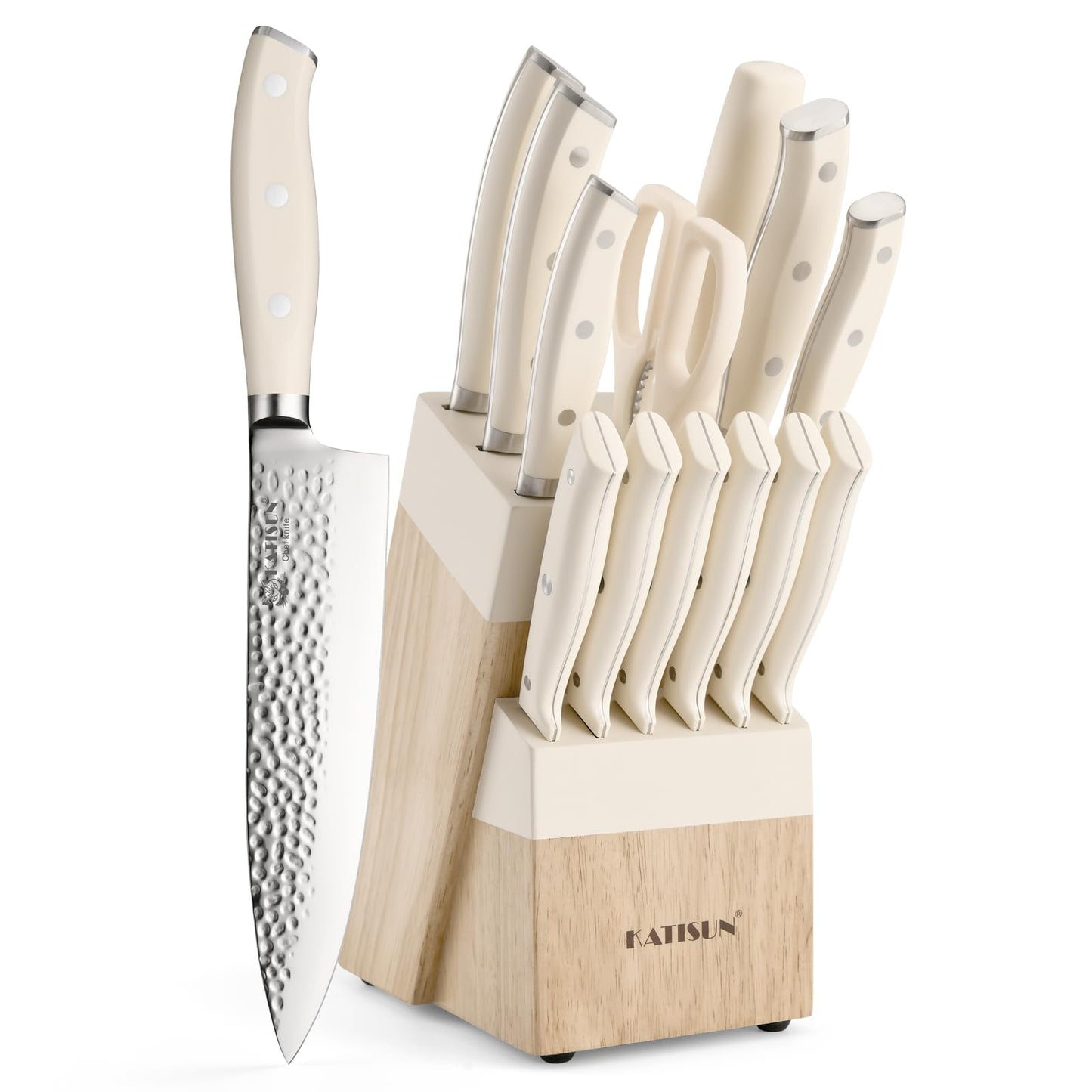Kitchen Knife Set,14-Piece Knife Set With Block Wooden, Self Sharpening For Chef Knife Set, High Carbon German Stainless Steel Hammered Collection Knife Block Set, Dishwasher Safe Cutlery, Cream