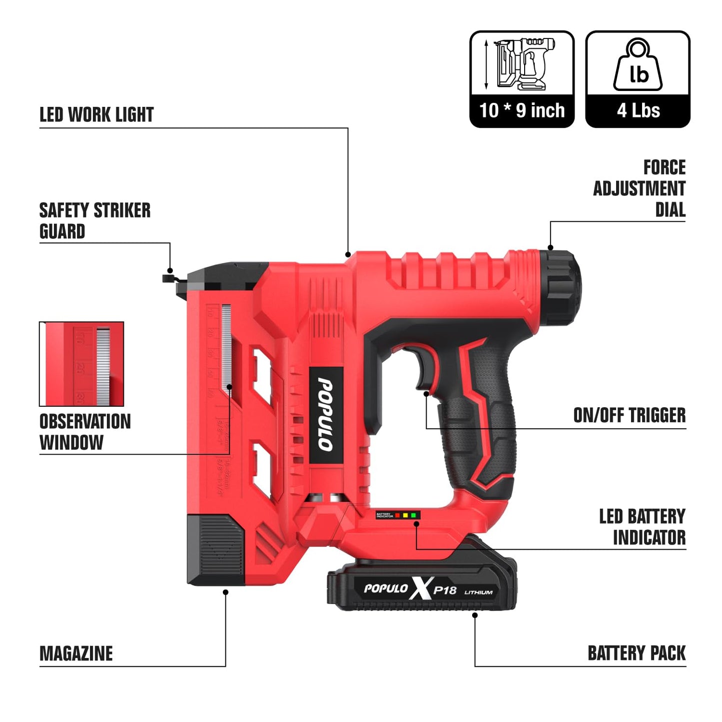 POPULO 20V Nail Gun Battery Powered, 18 Gauge 2-In-1 Cordless Brad Nailer Stapler Includes a 2.0Ah Battery, Charger, 1600 Staples and Nails, Electric Staple Gun for Carpentry and Upholstery