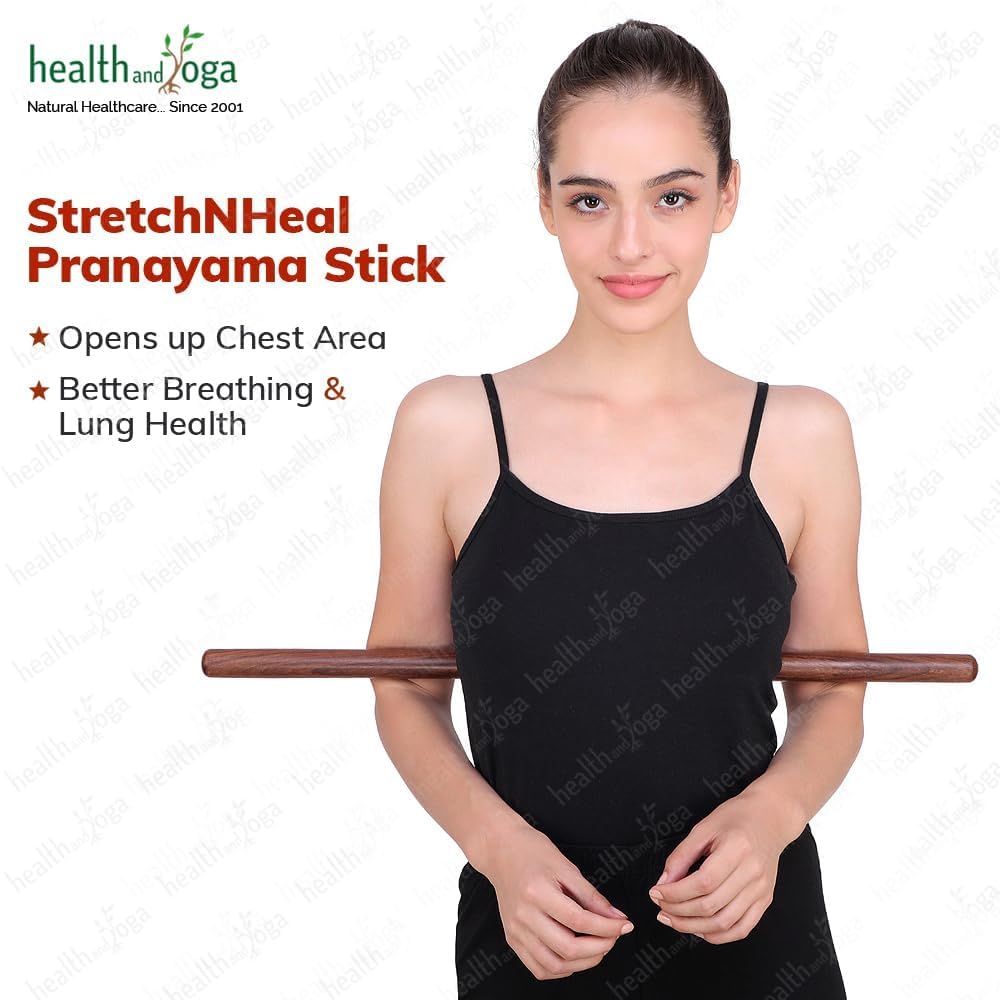 HealthAndYoga™ StretchNHeal Multi-Use Wooden Yoga Stick - Portable Posture Corrector Pole, Stretch and Mobility Stick,Physical Workout Exercise Dowel (Regular - 26")