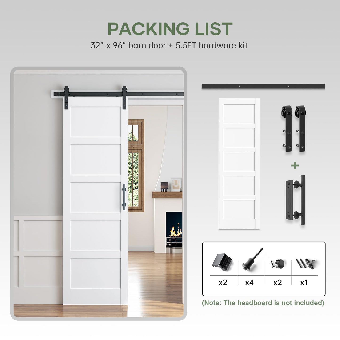 ROYMELO 32x96 Inch White Sliding Barn Door Slab with 5.5ft Hardware Kit Included, 5-Panel, MDF Wood Panel Covered with Water-Proof Scratch-Proof PVC Surface, Simple DIY Assembly