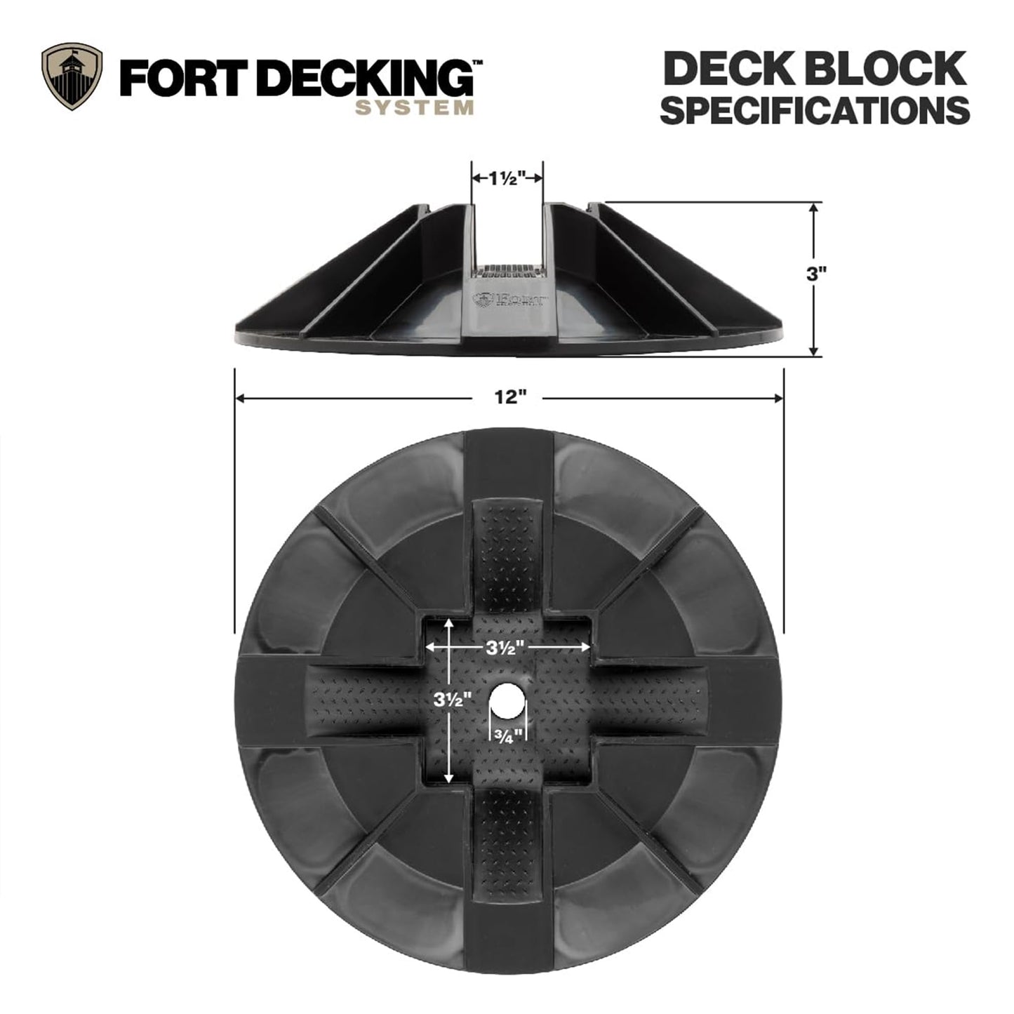 Fort Decking Systems Fort Decking 12-Inch Deck Blocks for Posts, Fits 4x4, 2x4, 2x6 2x8 and 2x10 Joists and Beams, Pack of 12, Black