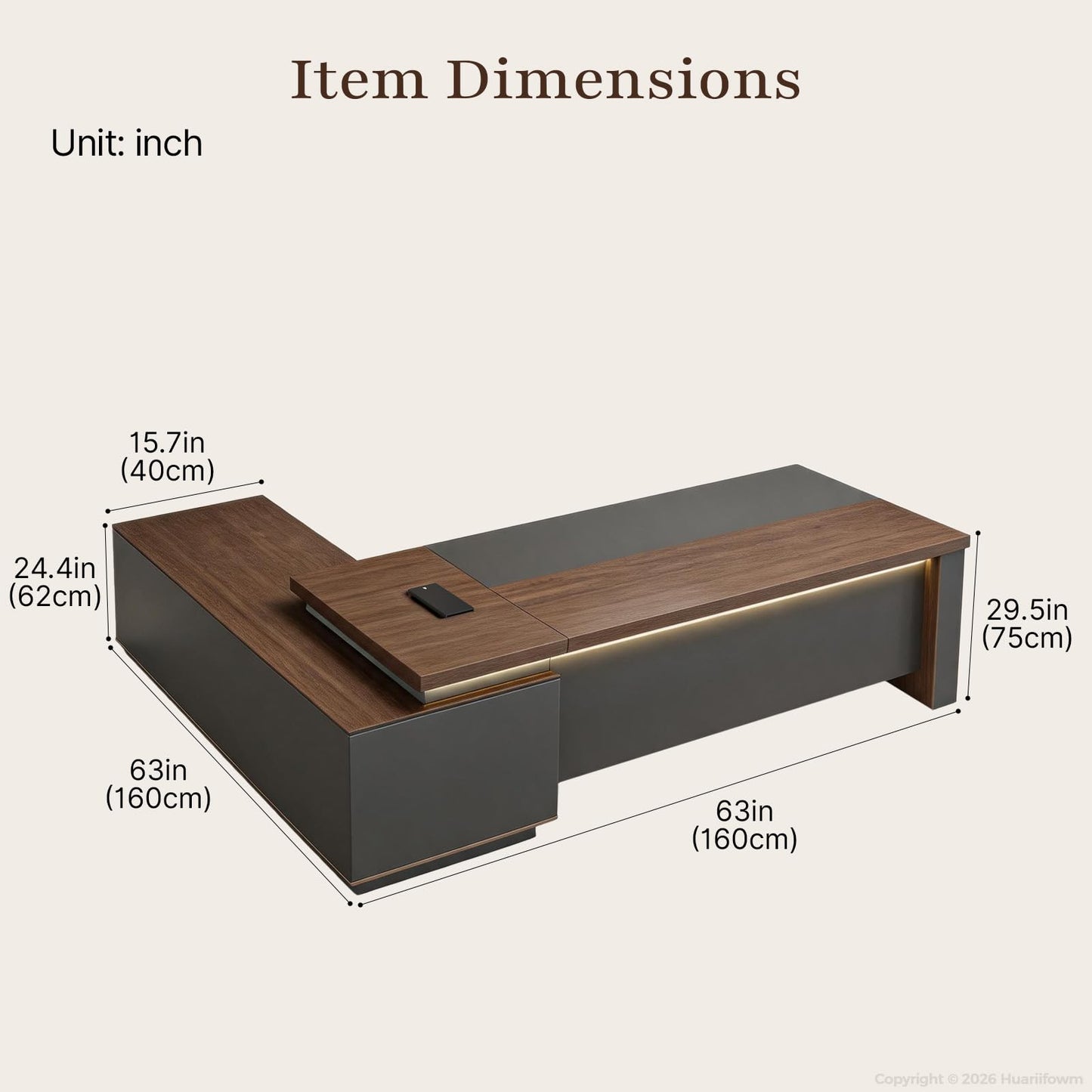 Huariifowm 63" Reversible L-Shaped Executive Desk with Locking Drawers, Compact Office Desk for Home & Manager Office, Power Outlet, USB Ports, Storage Shelves, Privacy Panel & LED Light, Walnut Gray