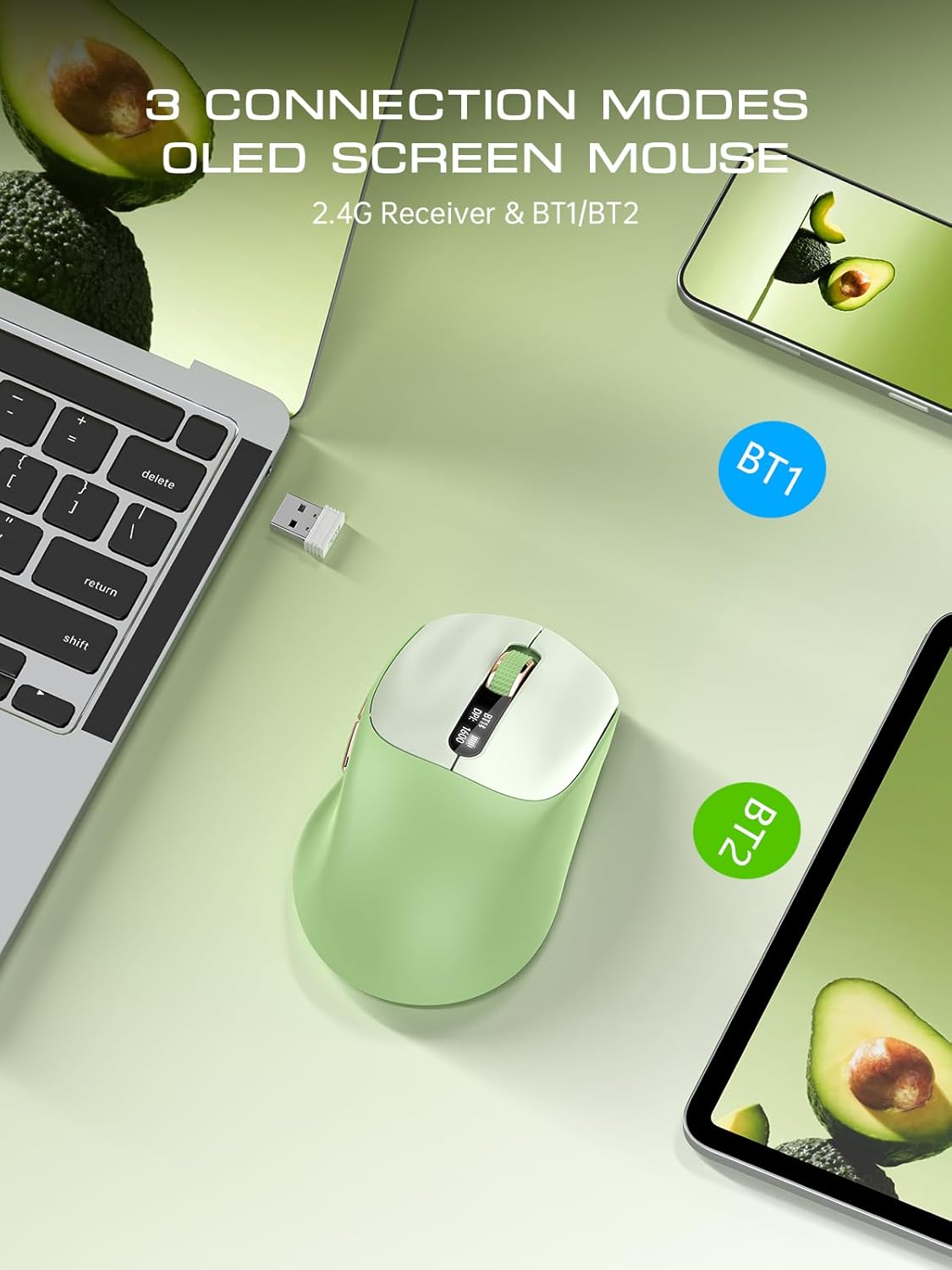 XISOGUU 5.0/4.0 2.4G Wireless Bluetooth Mouse, Bluetooth & Tri-Mode, Type-C Rechargeable with LED Screen Display