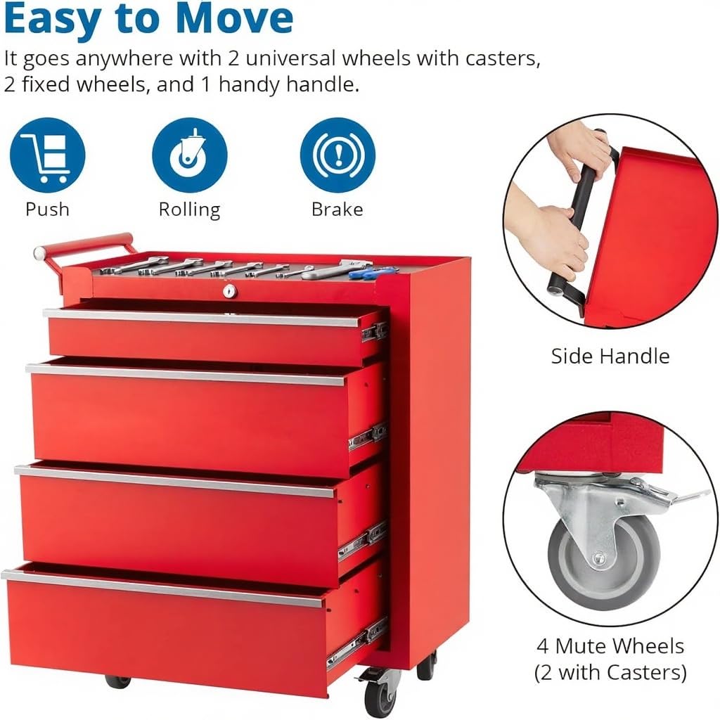 GarveeHome 4-Drawer Tool Chest, Rolling Tool Box with Wheels and Lock System, Portable Storage Rolling Tool Chest for Warehouse, Workshop & Repair Shop, Red