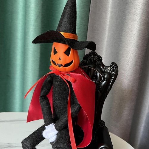 DANONI Halloween Pumpkin Elf Doll - Handmade Toy with Black Hat & Cape for Autumn Decor (Red)