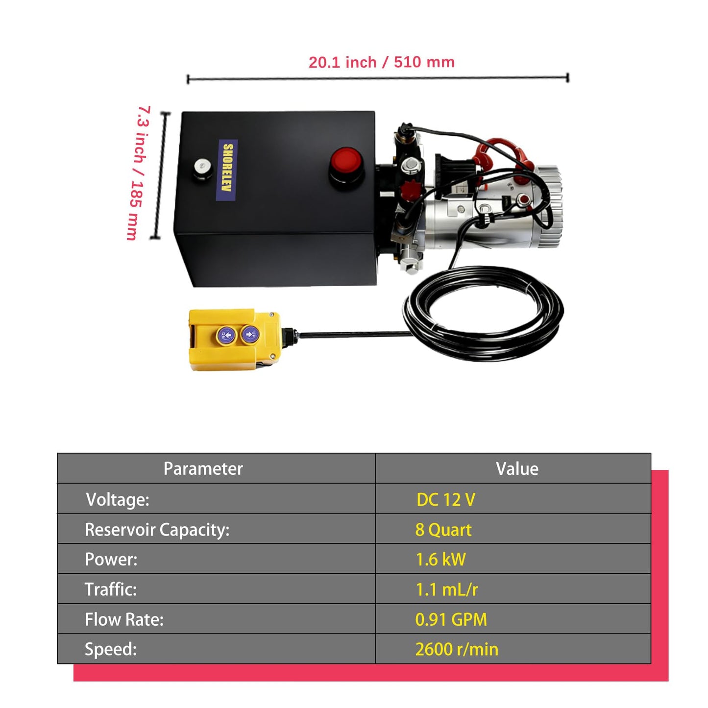 SHORELEV Hydraulic Power Unit 8 Quart 12V DC Double Acting, 8L Iron Reservoir, 0.91 GPM Flow Rate 3200 PSI for Dump Trailers, Lift Gates, Truck Hoists, Hydraulic Pump for Dump Trailer Car Lifting