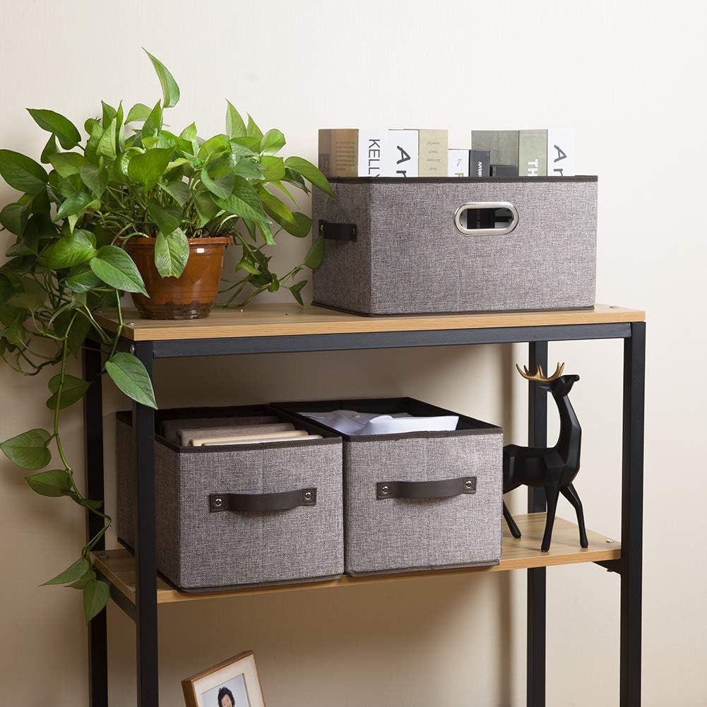 PRANDOM Large Foldable Storage Bins - Decorative Linen Fabric Baskets with Leather Handles | 3-Pack, Grey & Black Trim (14.9x9.8x8.3 Inch)