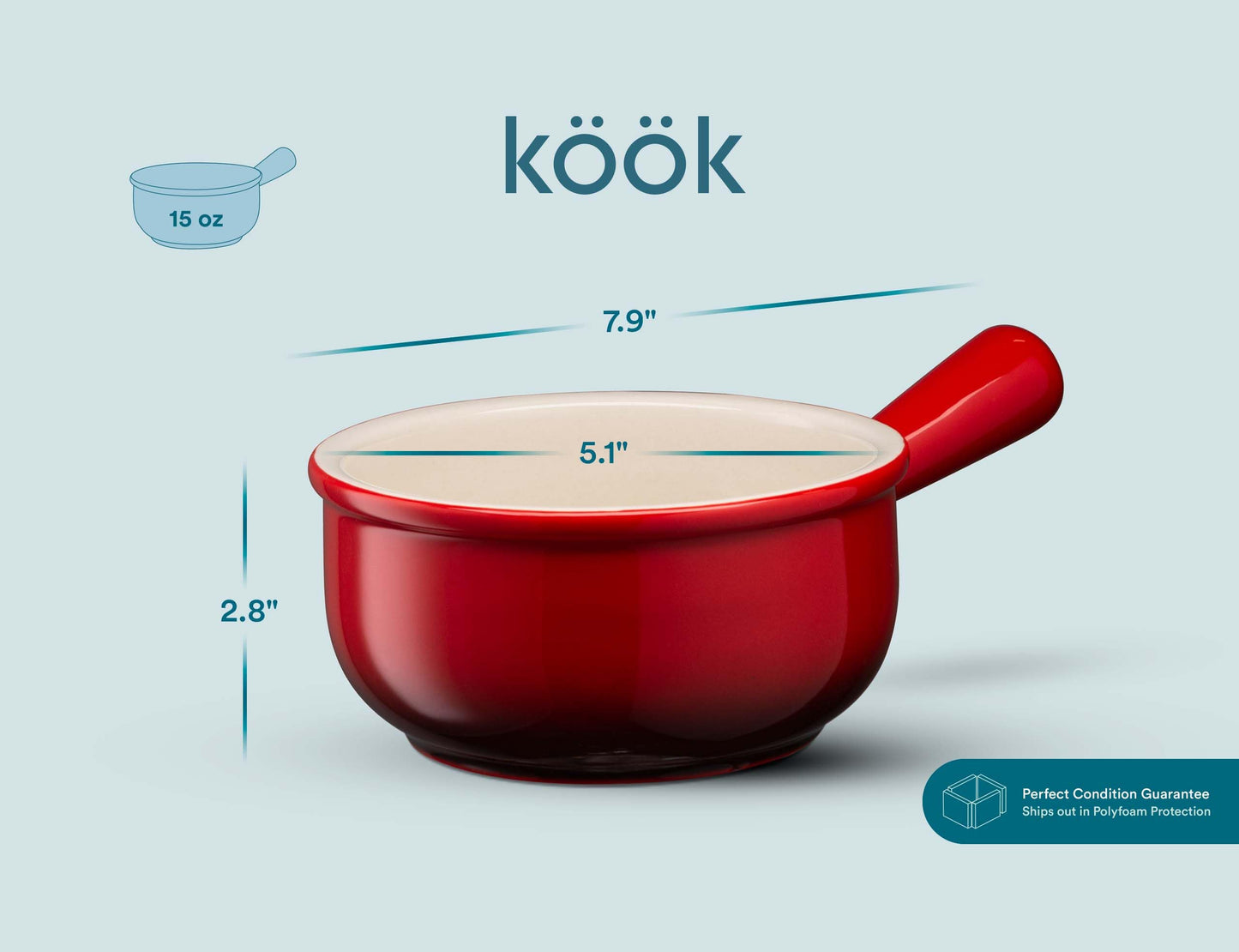 KooK French Onion Soup Bowls, French Onion Crocks, Bowl with Handles, 15 oz, Set of 4, Ceramic Bowls, Microwave, Dishwasher Safe & Oven safe, Stoneware (Red Ombre)