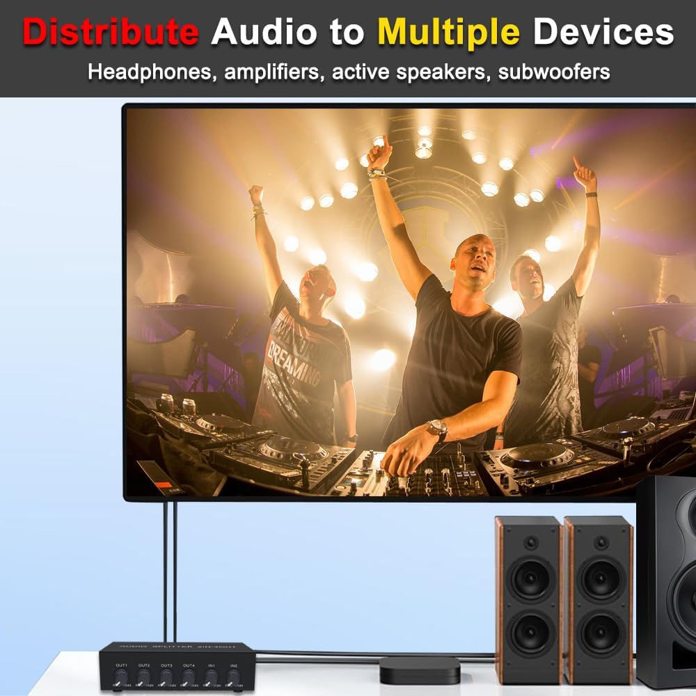 2 4 in Out RCA L/R Audio Splitter Stereo Line Level Distributor Mixer with Independent Volume Control for Home Theater