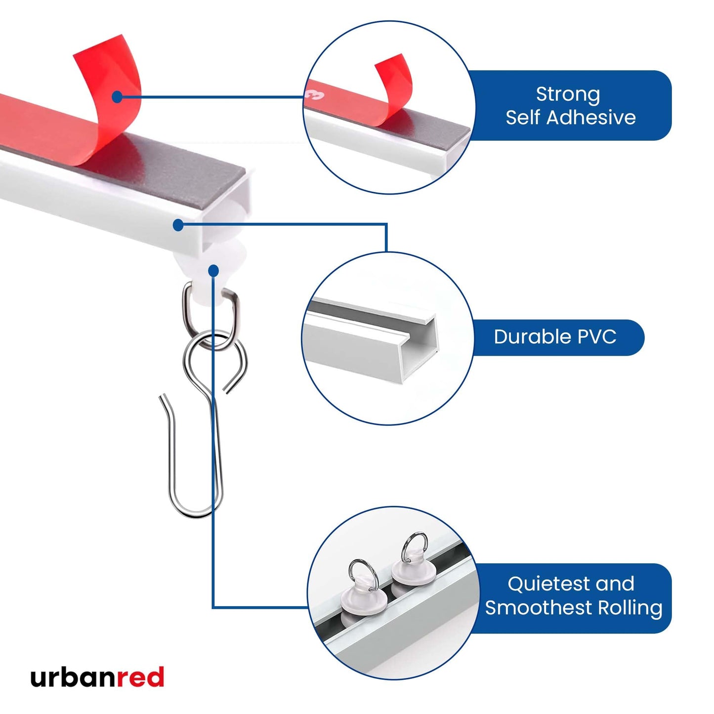 UrbanRed Self Adhesive Curtain Track (5 Meter, 16.4 ft) for Smooth Ceiling or Wall - No Drill, Screws, Ceiling Curtain Track, Curtains Rod, Ceiling Mount, Adhesive Curtains Rod (Non-Flexible)